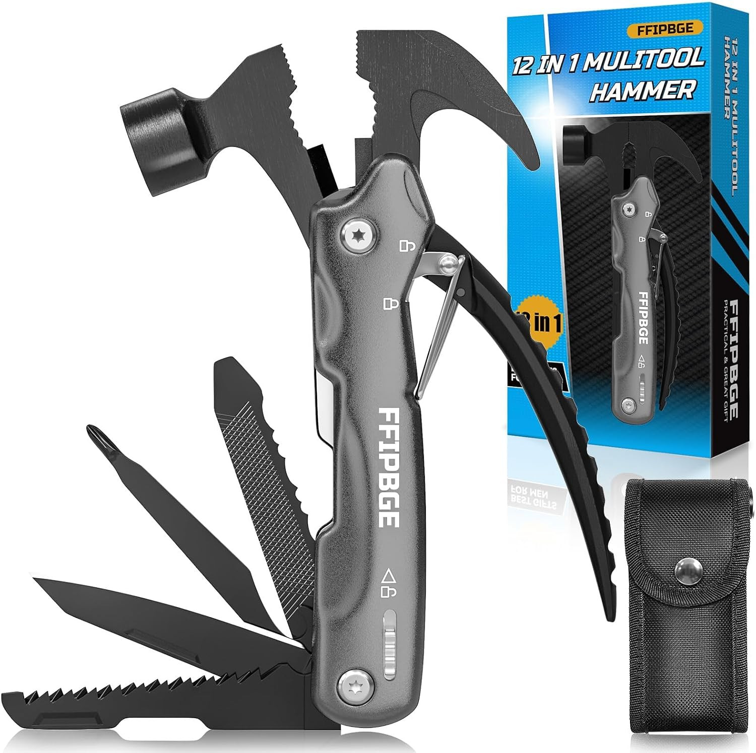12 in 1 Hammer Multitool, Caming Mulititool with Screwdriver, Safety Lock and Du