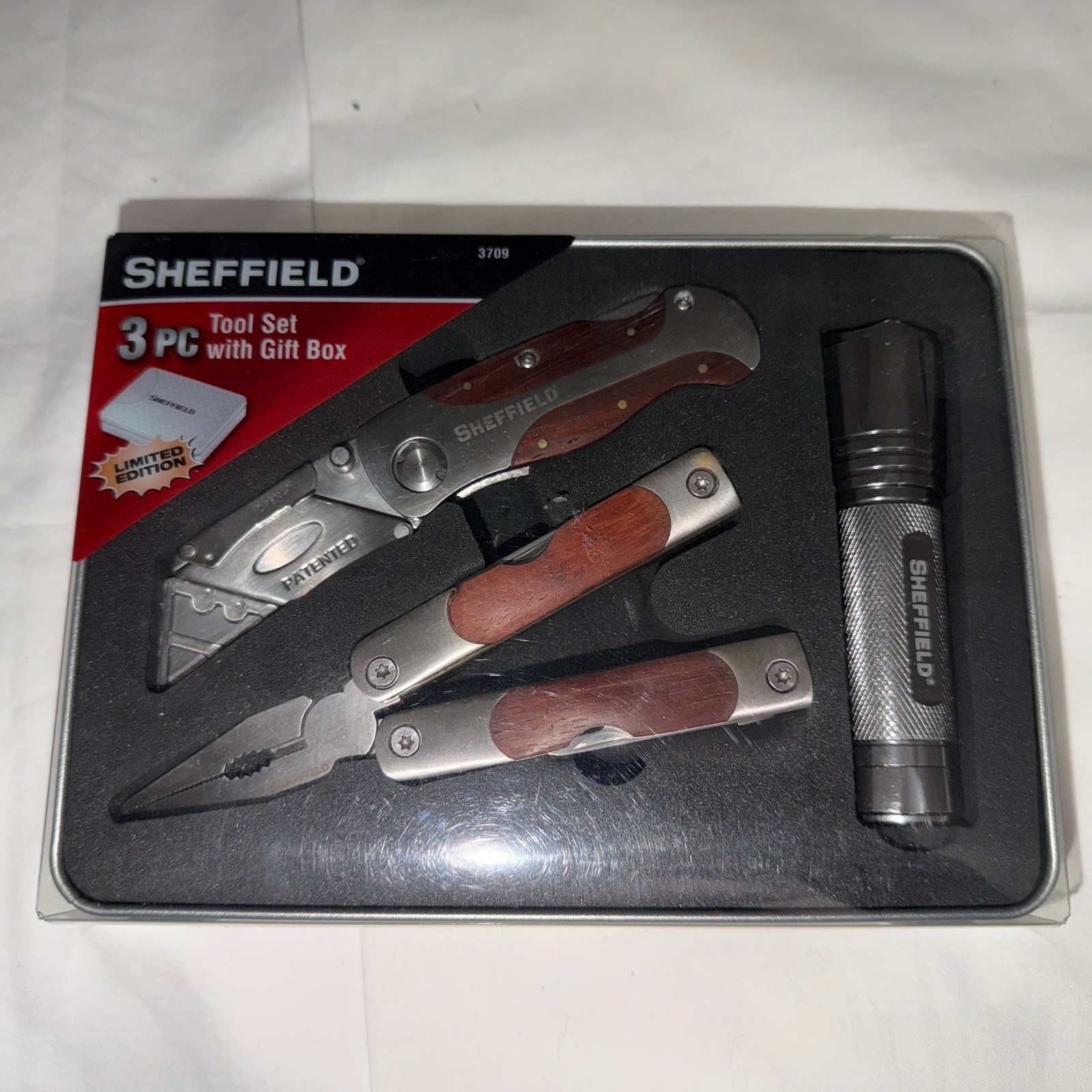 NEW Sheffield 3 Pc Tool Set With Tin Box Multi Tool Utility Knife Flashlight NIB