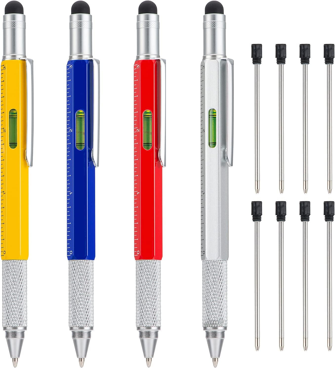 4 Pack Multitool Pen with Extra Refills Set, 6 in 1 Multitool Pen with Ruler & L