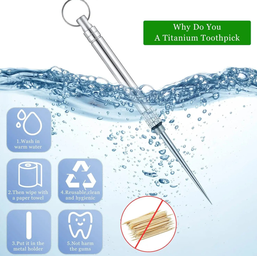 1pc Portable Titanium Toothpick with Key Ring Reusable Holder Tool – NEW