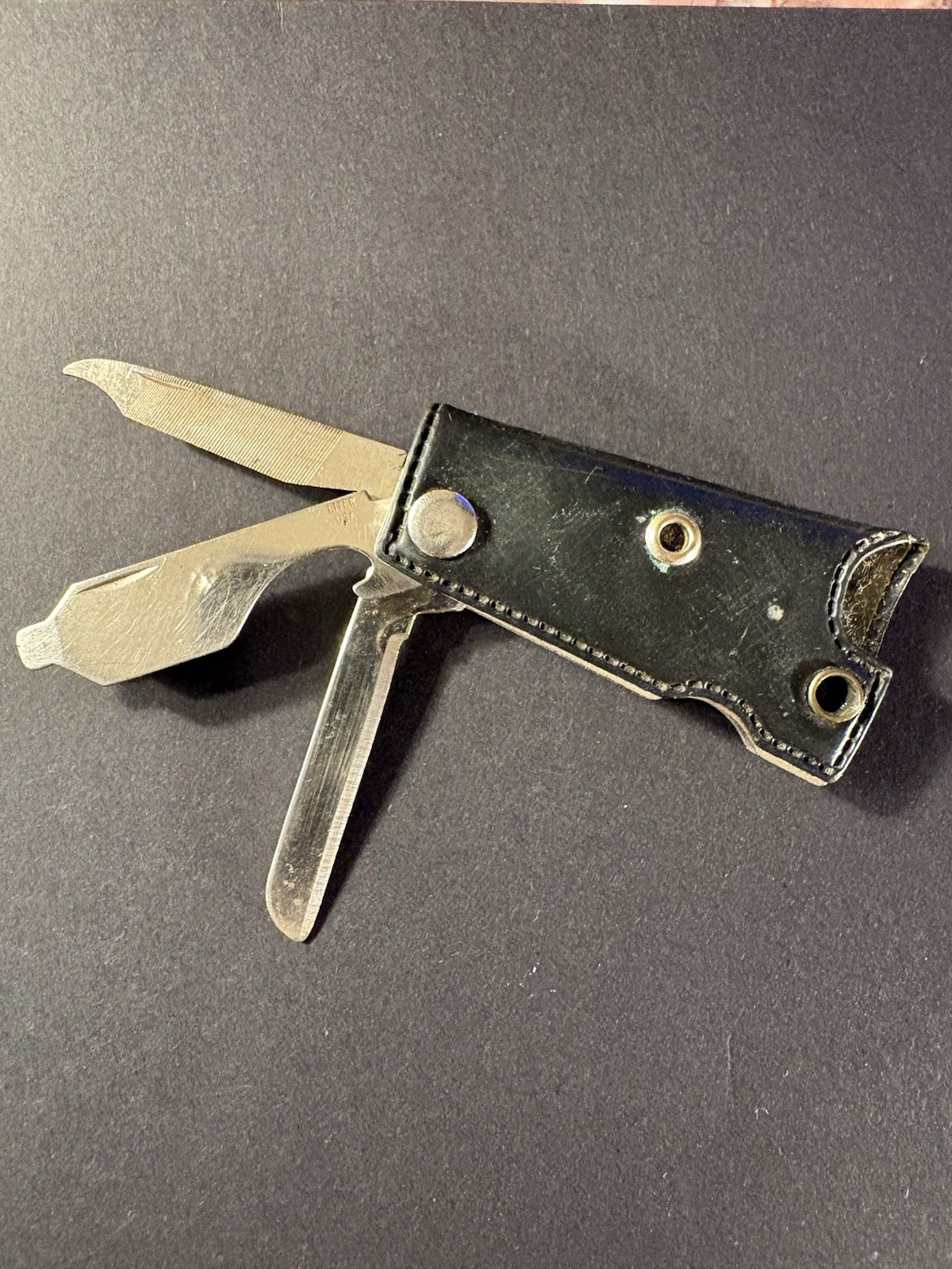 POCKET TOOL with Leather Holder: Screw Driver, Bottle Opener, File, Knife