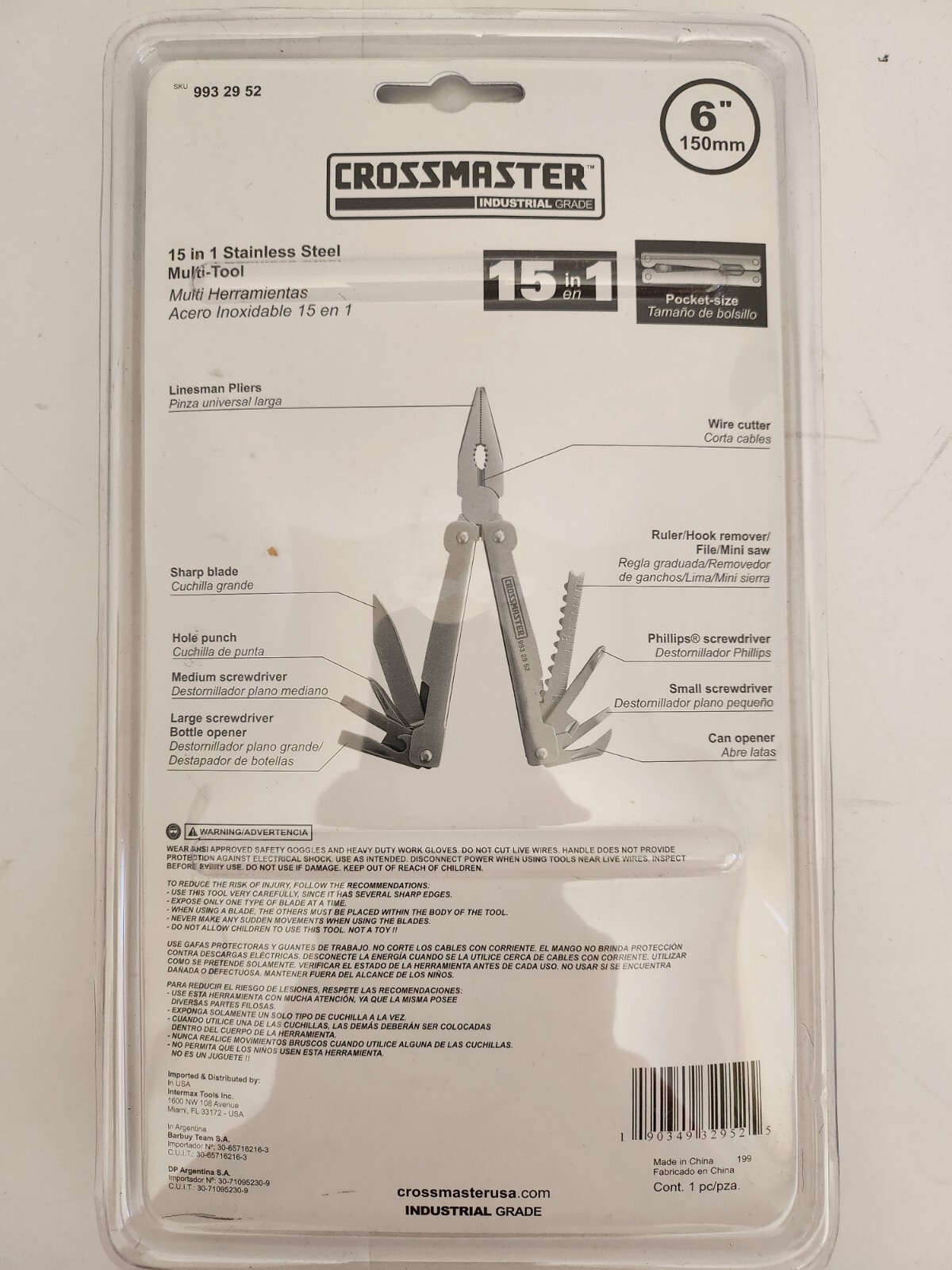 New 6” Crossmaster 15-in-1 Stainless Steel Multi-Tool with Black Belt Pouch