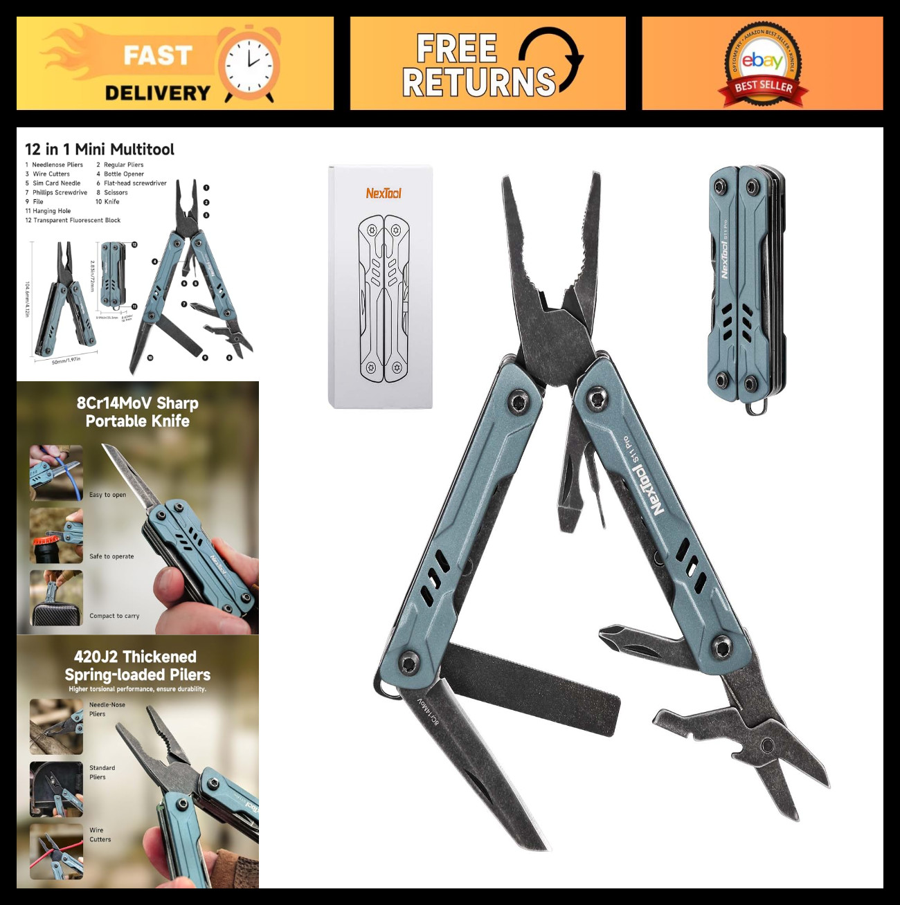 Compact 12-in-1 Keychain Multitool – Lightweight EDC Pocket Tool for Camping, Hi