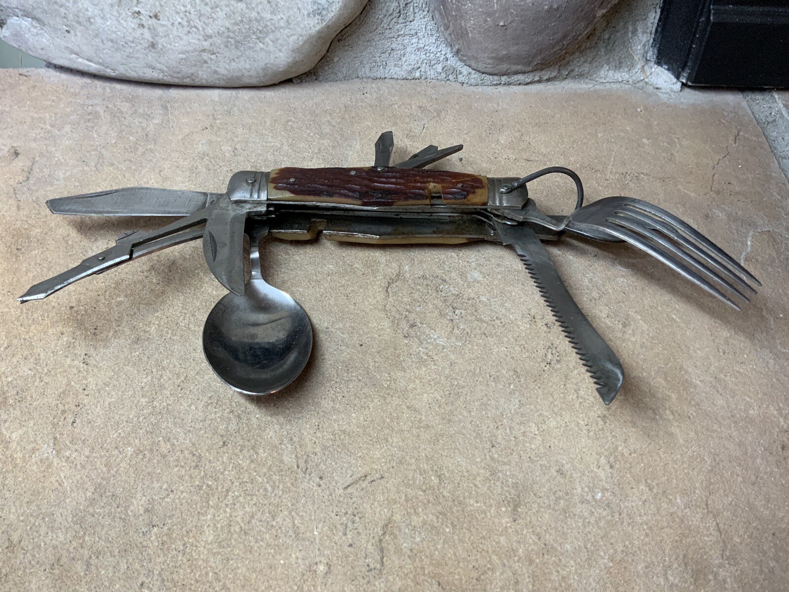 Vtg Camp Multi Tool 11 Gadgets Full Size Spoon Fork Saw Knife Open Hi Test Japan