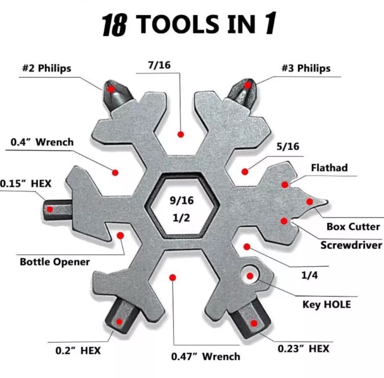 18 Tool Pocket-Size Multifunction Tool. 2.5” Diameter, Keyring Ready