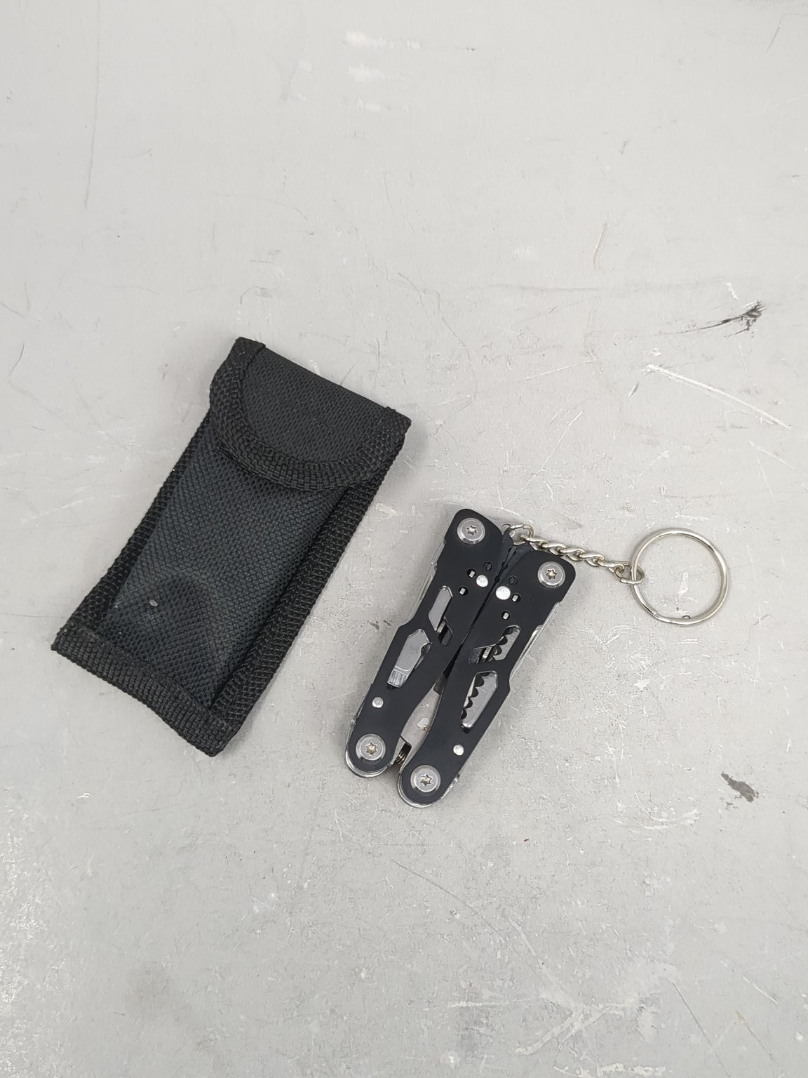 Multi-Tool Keychain with Pliers Black Stainless Steel Camping Hiking and Pouch