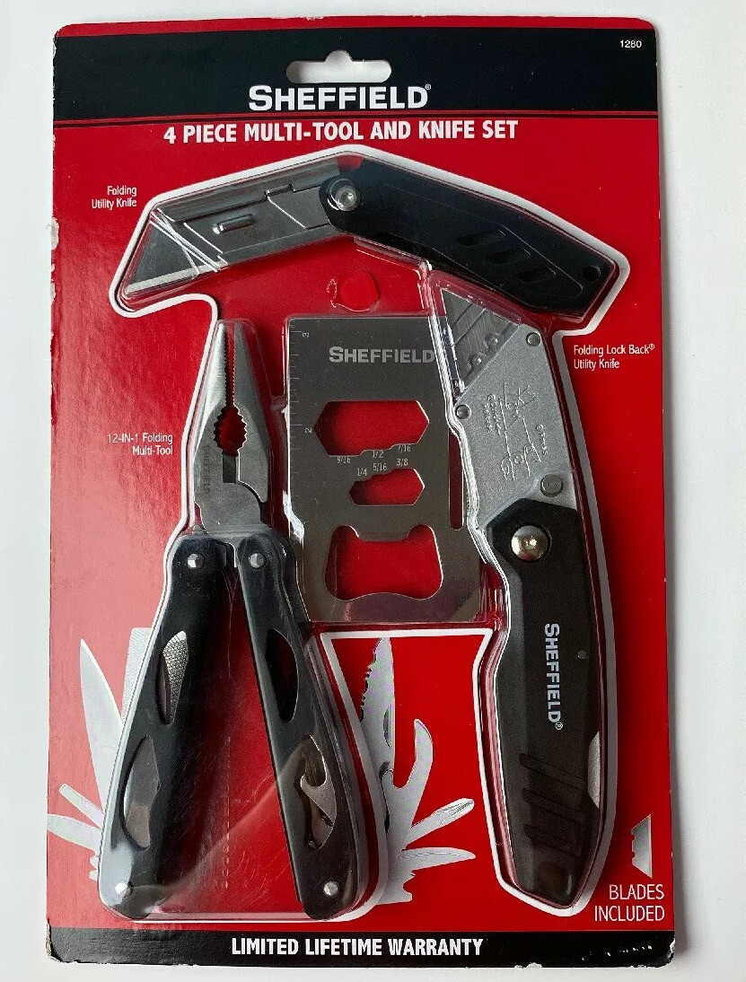 Sheffield 4 Piece Multi-Tool and Knife Set, 2 Blades Included, Black Finish NEW
