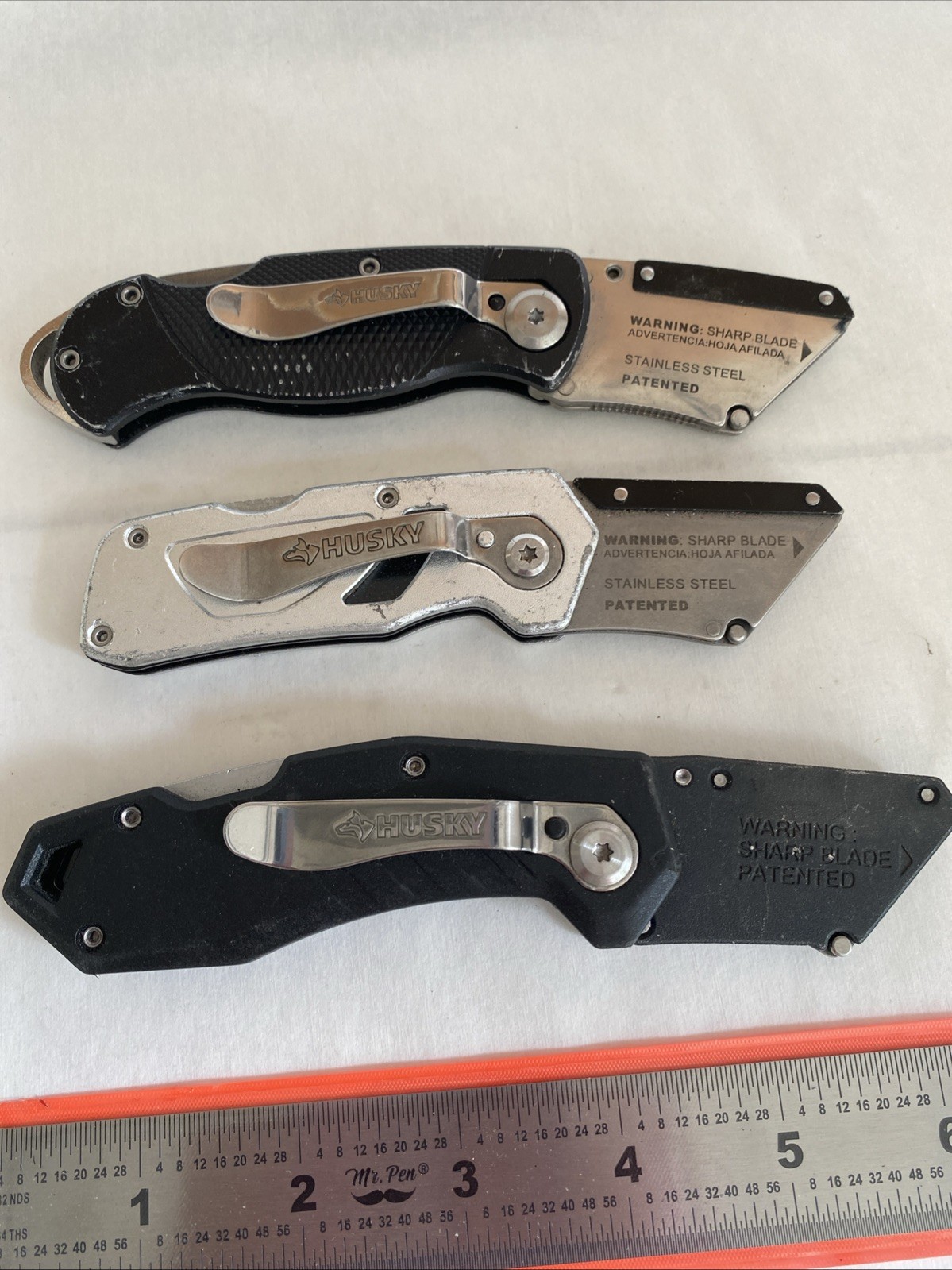 Lot Of 3 Husky Black Folding Lockback Pocket Utility Knife Set, Box Cutter Tool