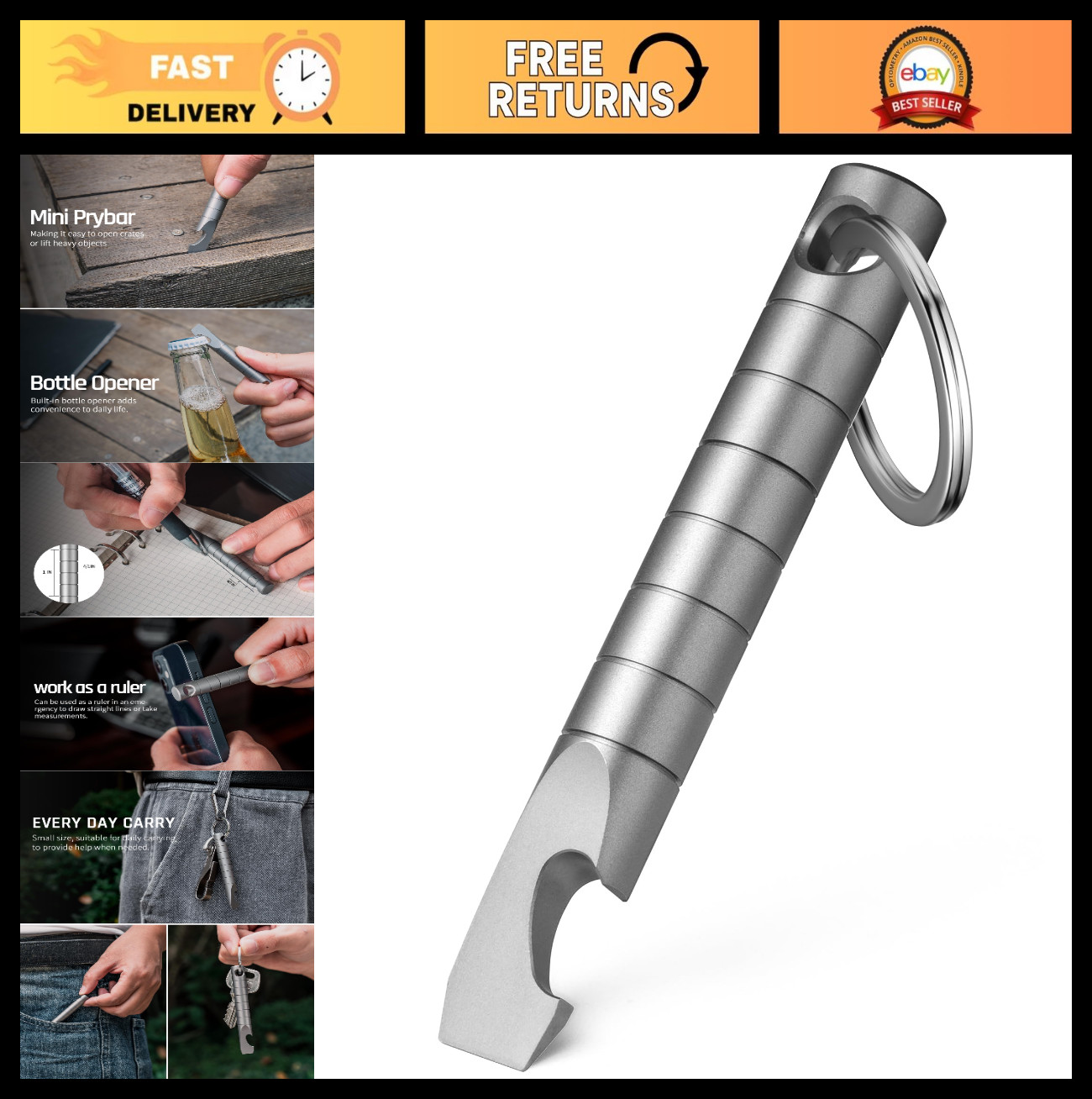 Mini Titanium Pry Bar Keychain Multitool with Bottle Opener – EDC Pocket Tool