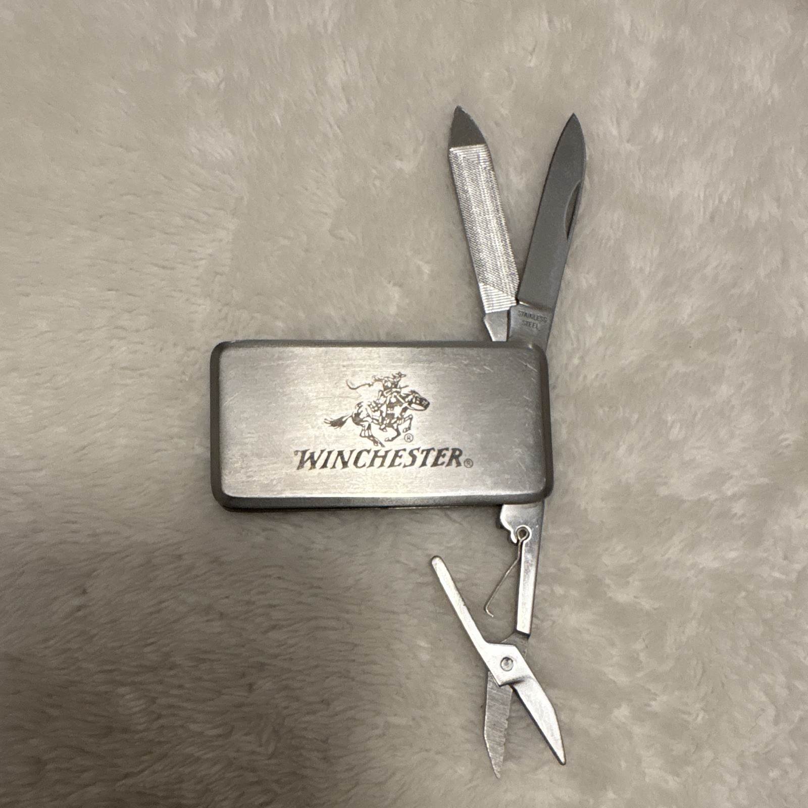 Money Clip Winchester 3-in-1 Folding MultiTool Knife Scissors File Silver