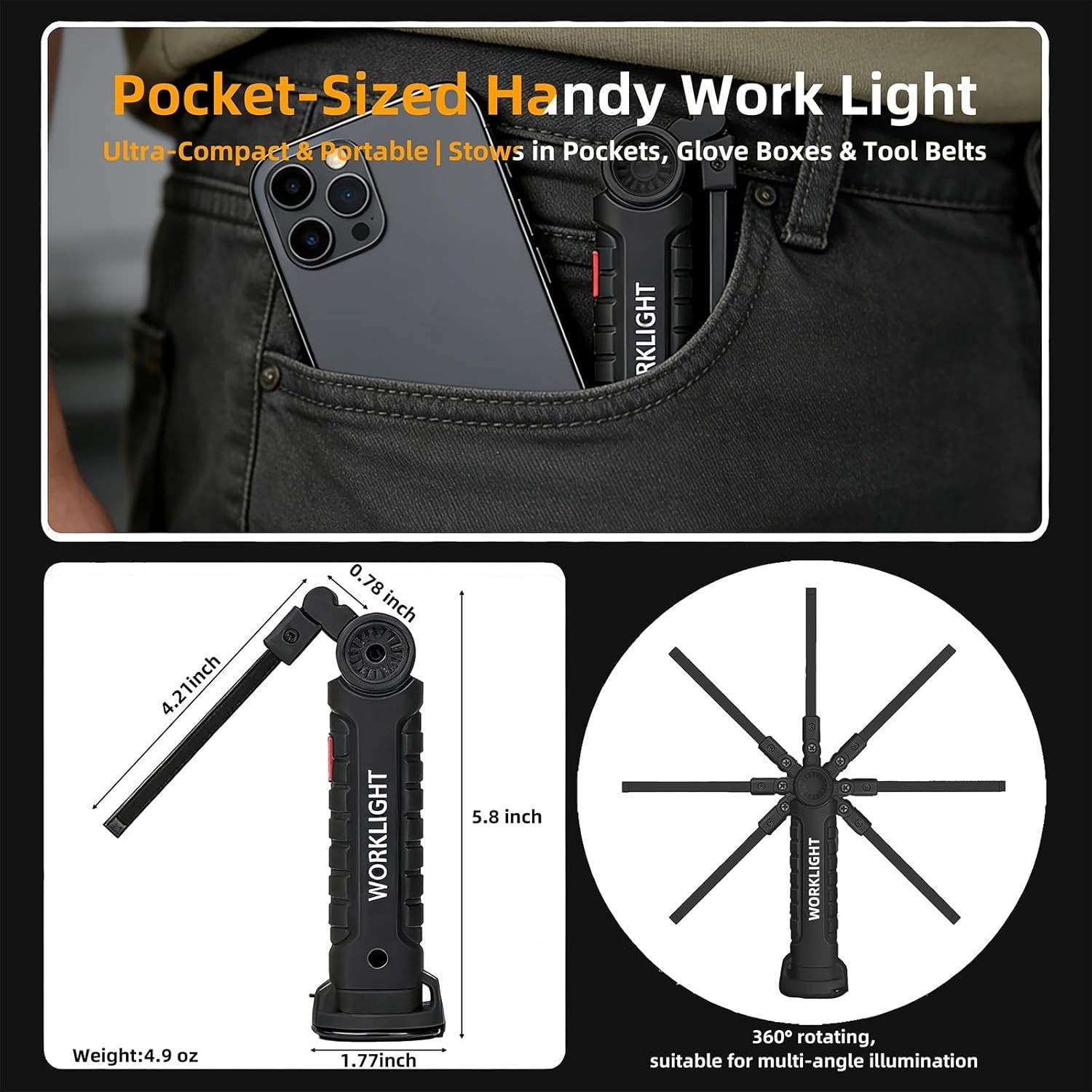 LED Rechargeable Work Light Magnetic Base Hook Mechanic Inspection Flashlight