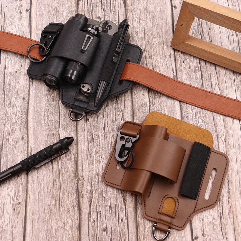 Multifunction Leather EDC Pouch, Outdoor Survival Belt Sheath for Tools & Knives