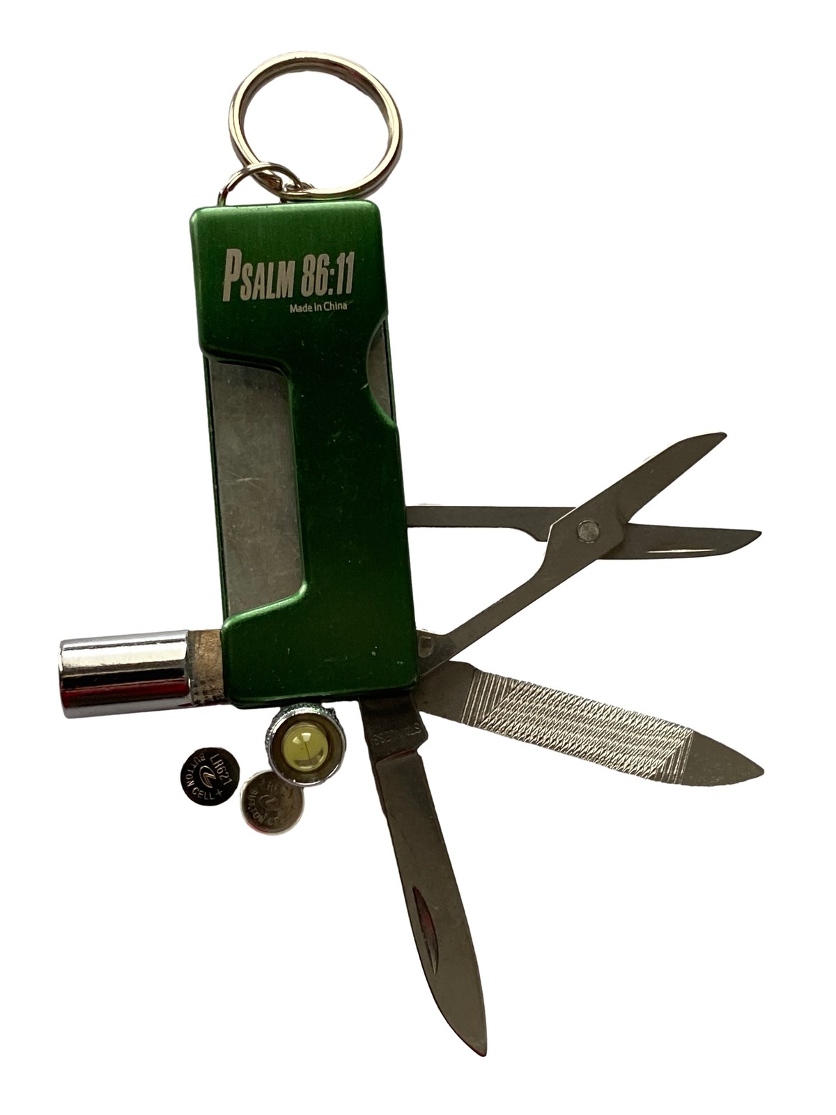 Multi-Tool Pocket Knife Green Keychain Camping Survival Tool Light Needs Battery