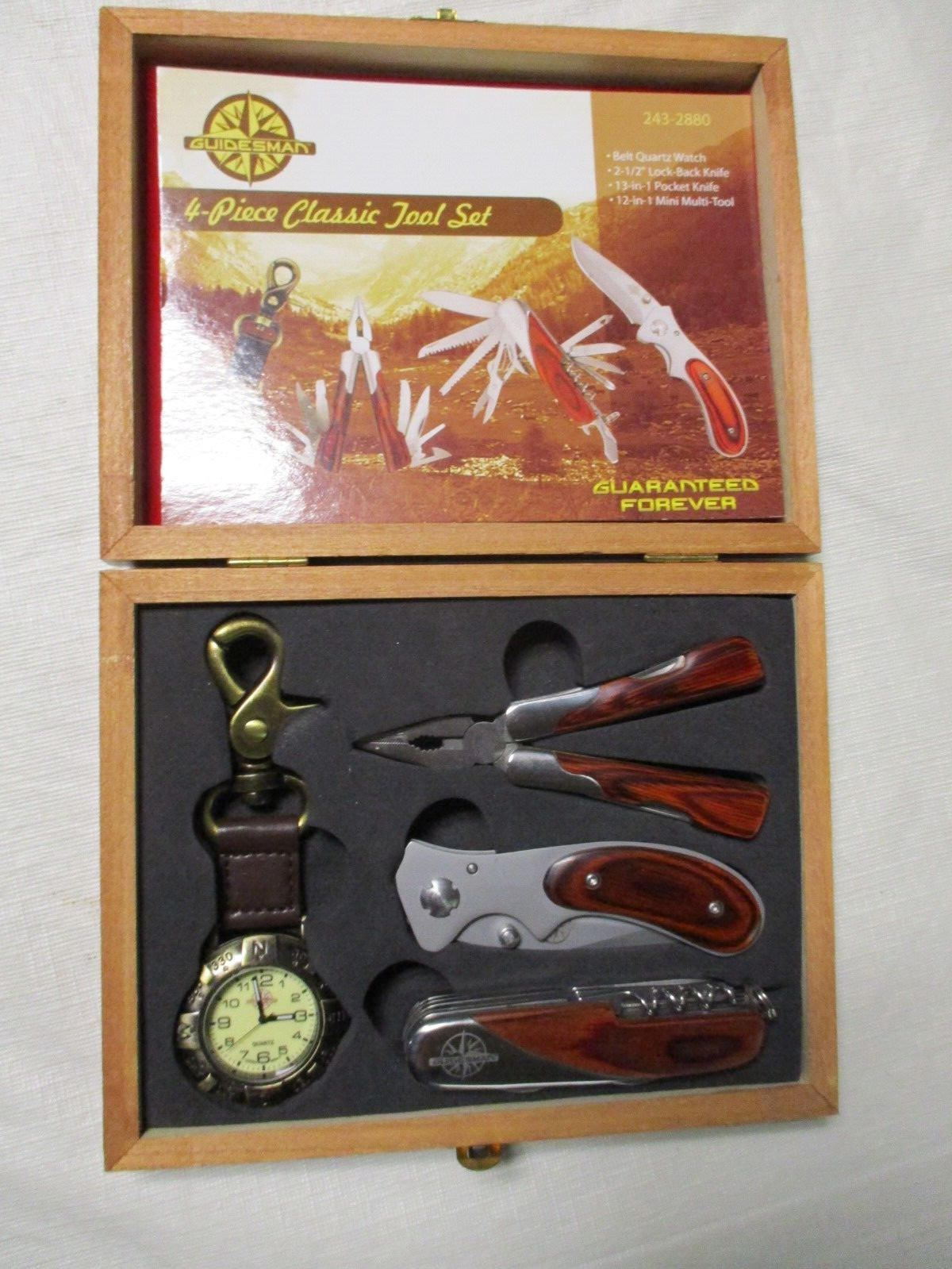 Guidesman 4-Piece Classic Tool Set in Wood Box – Multi-Tool, Pocket Knife, Watch