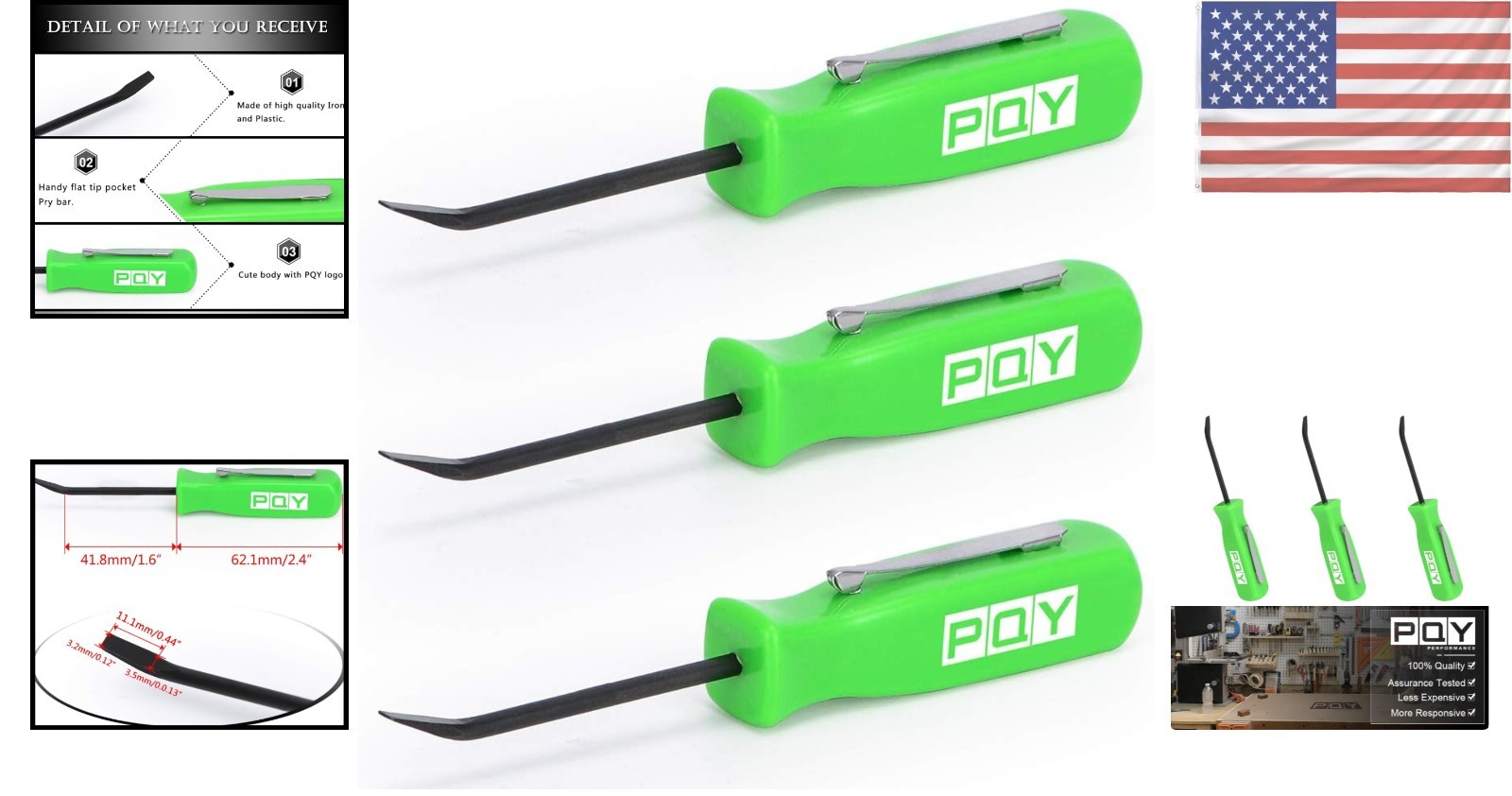 3-Piece Mini Pocket Pry Bar Set – 4.5” Green Tools for Mechanics & Technicians