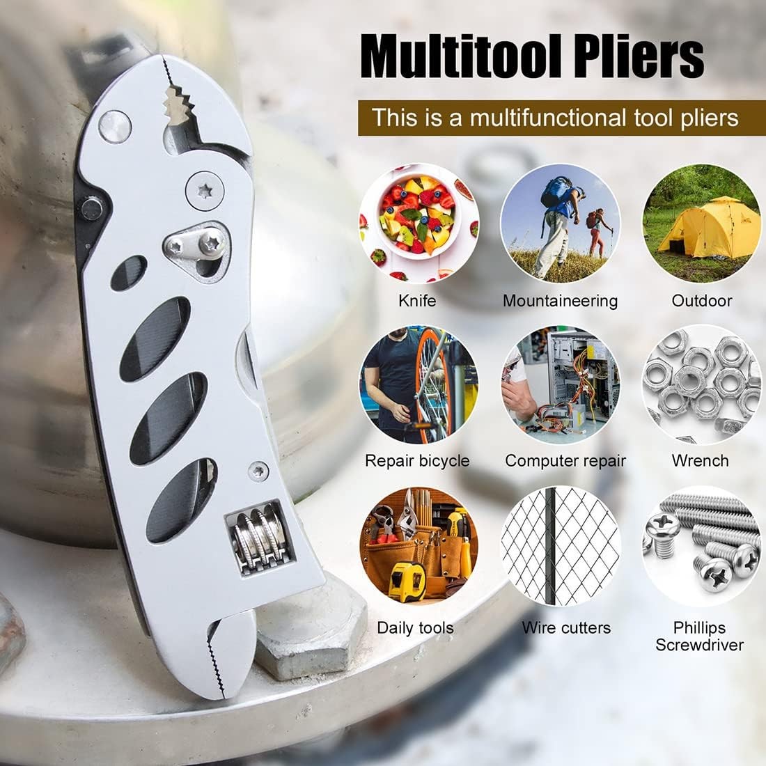 7-in-1 Folding Multitool Wrench Pliers Wire Cutter Screwdrivers Portable