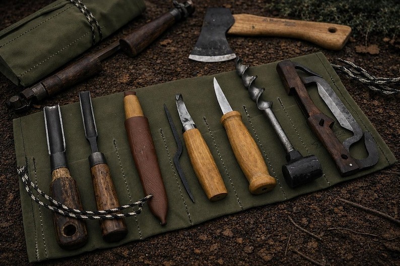 Waxed Canvas Bushcraft Tool Roll: Camping Utensil & Carving Tool Kit