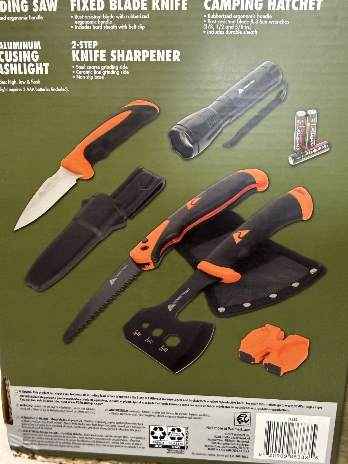 Ozark Trail 7 Piece Camping Tool Set Hatchet Saw Knife Flashlight New