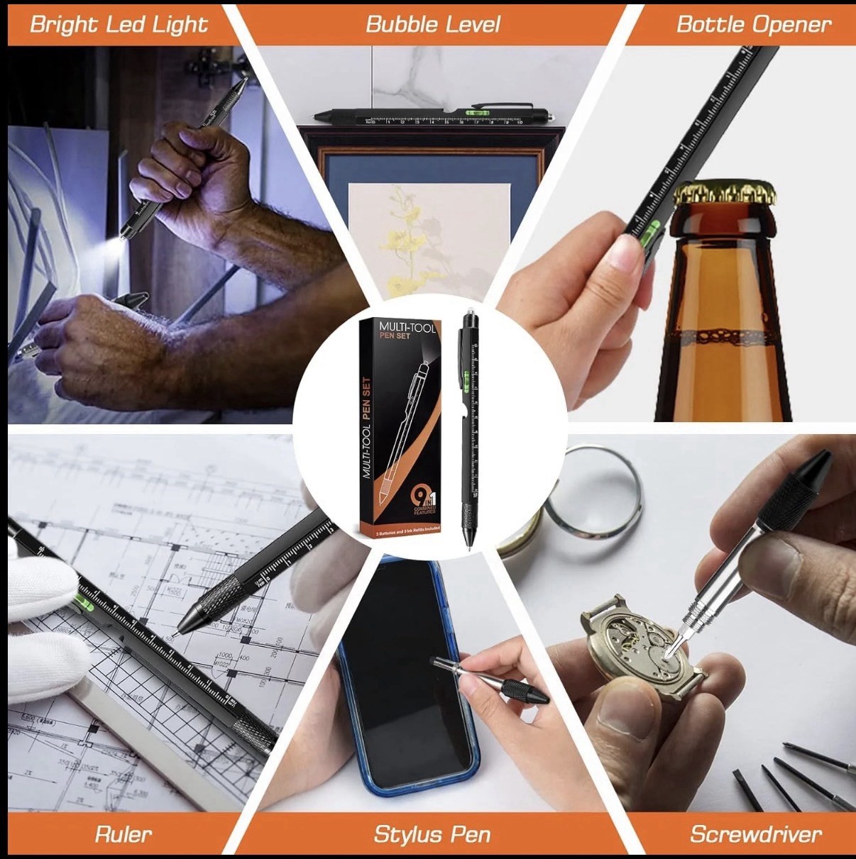 Compact 9-in-1 Multitool Pen with LED Light – Exceptional Gift for Any Occasion