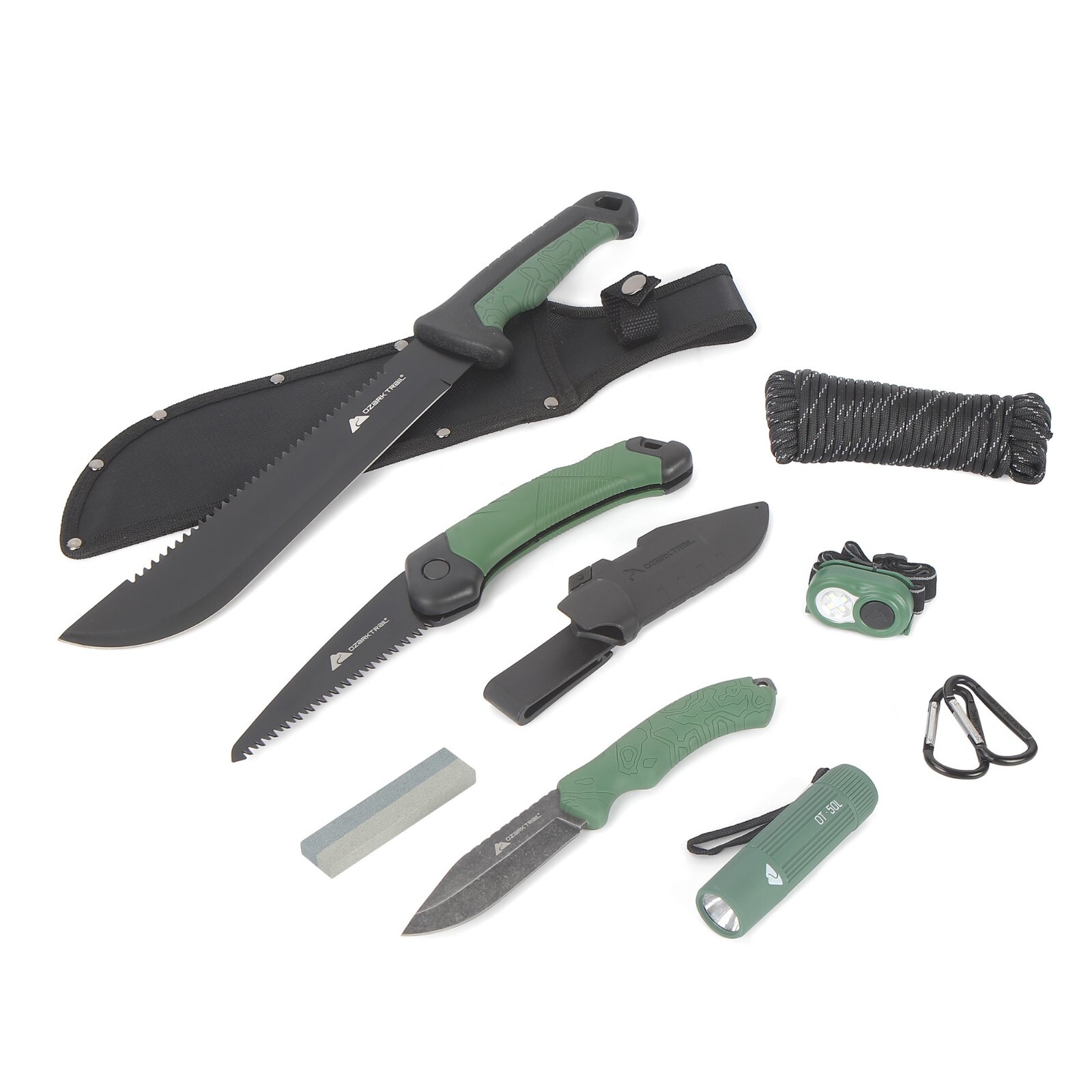 Ozark Trail 11 Pcs Camping Tool Set Black & Green 31344 Machete/Paracord/Carabin