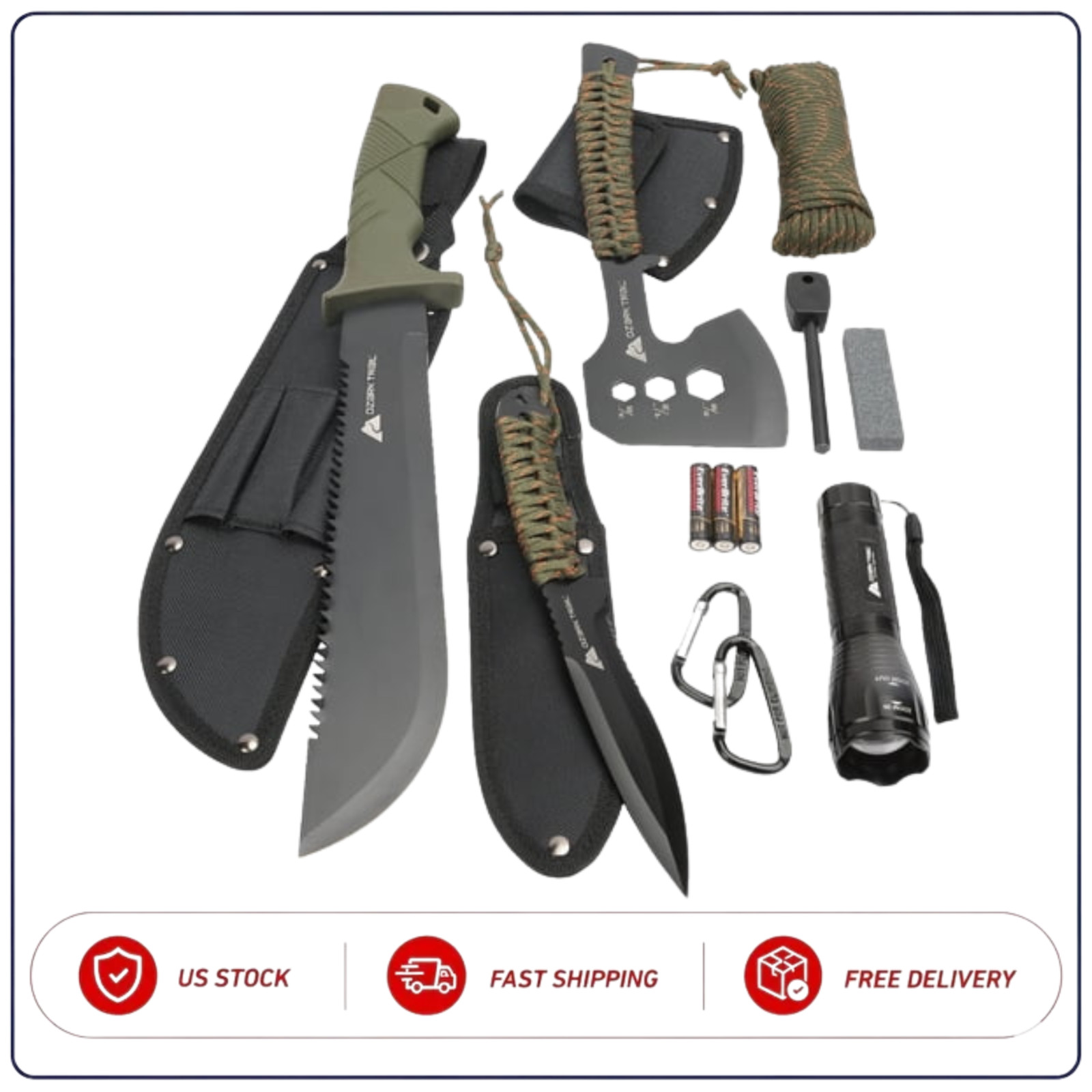 Ozark Trail 12Pc Camping Tool Set Flashlight Hatchet Knife Machete Kit