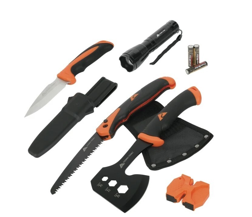 Ozark Trail 7-Piece Camping Tool Set with Hammer, Axe, Flashlight, and Knives,
