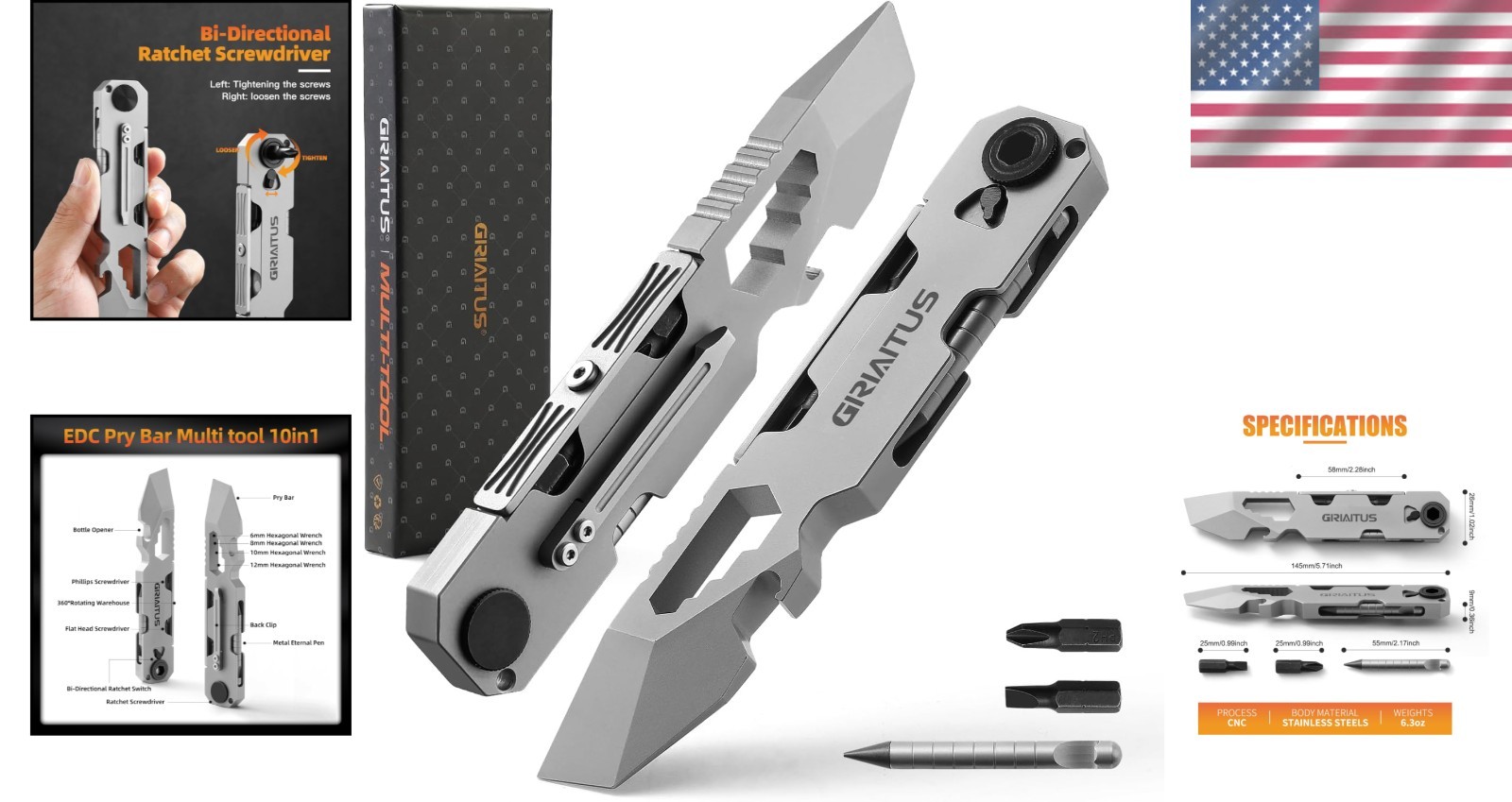 Durable EDC Pry Bar Multitool with Ratchet Screwdriver & Gift Box – 9 Inches