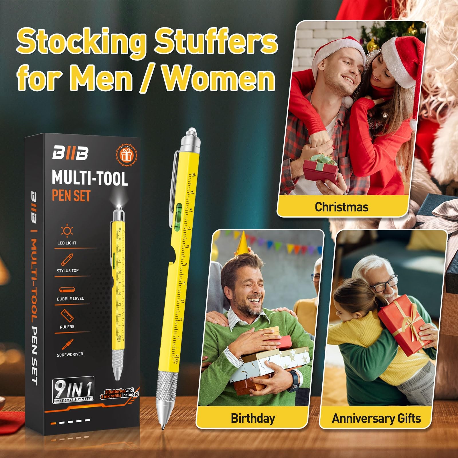 BIIB Stocking Stuffers for Men Adults, Gifts for Men 9 in 1 Multitool Pen, Me…