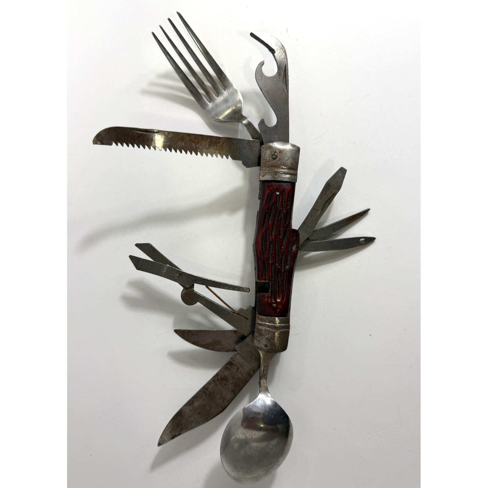Vintage 10 Blade Multi-Tool Pocket Knife Utensil Set Fork Spoon Saw Blade – More