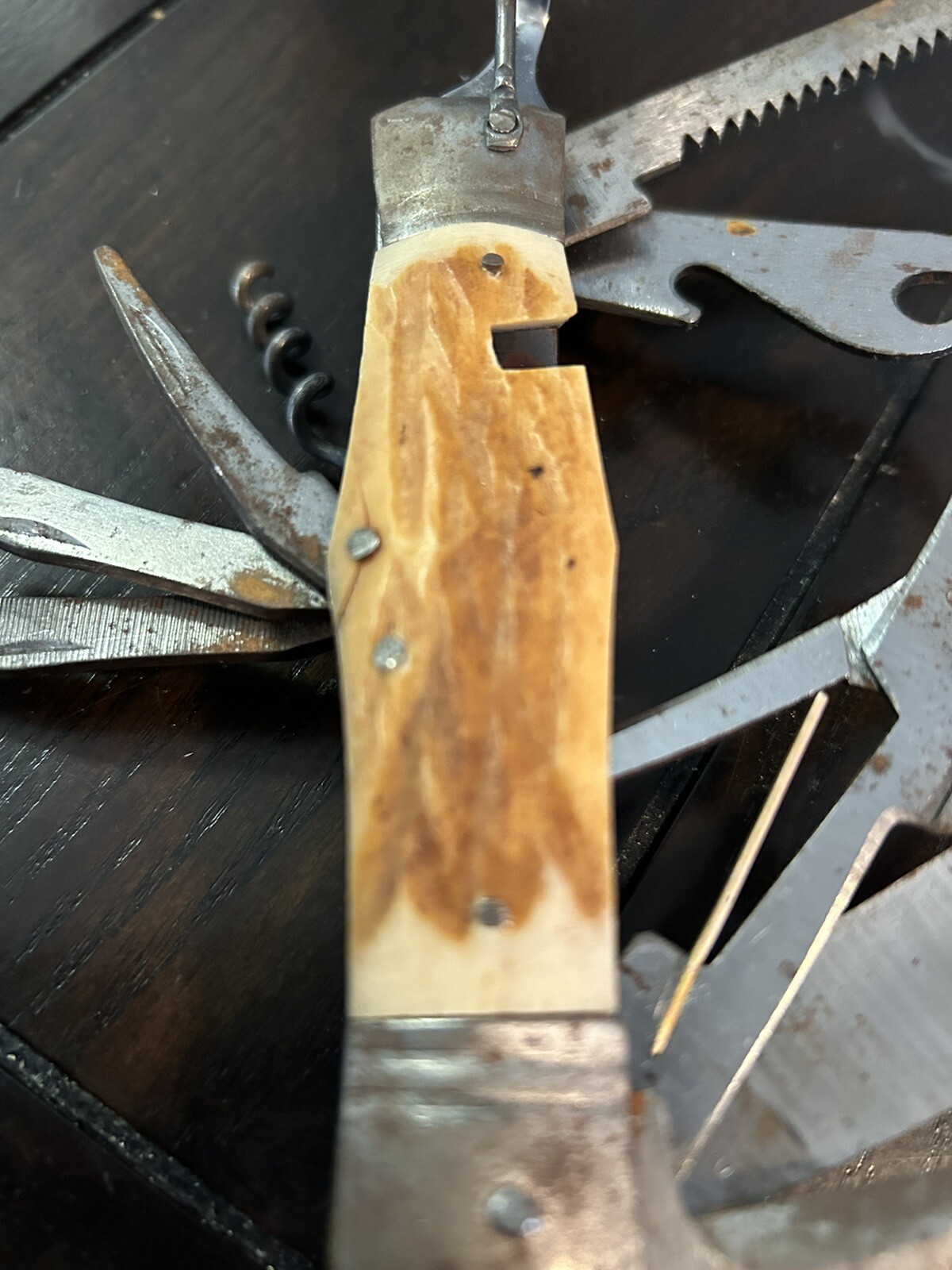 Vintage Pocket Knife 11 Multi Tool Hobo-Camping With Bone Handle