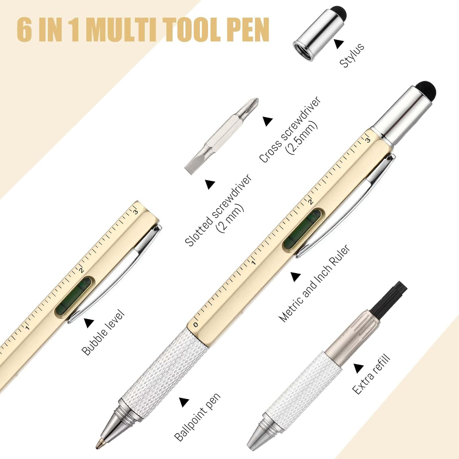 80 Pcs Gifts for Men:6 in 1 Multi Tool Pens with Refills Ruler Level Gauge Bulk