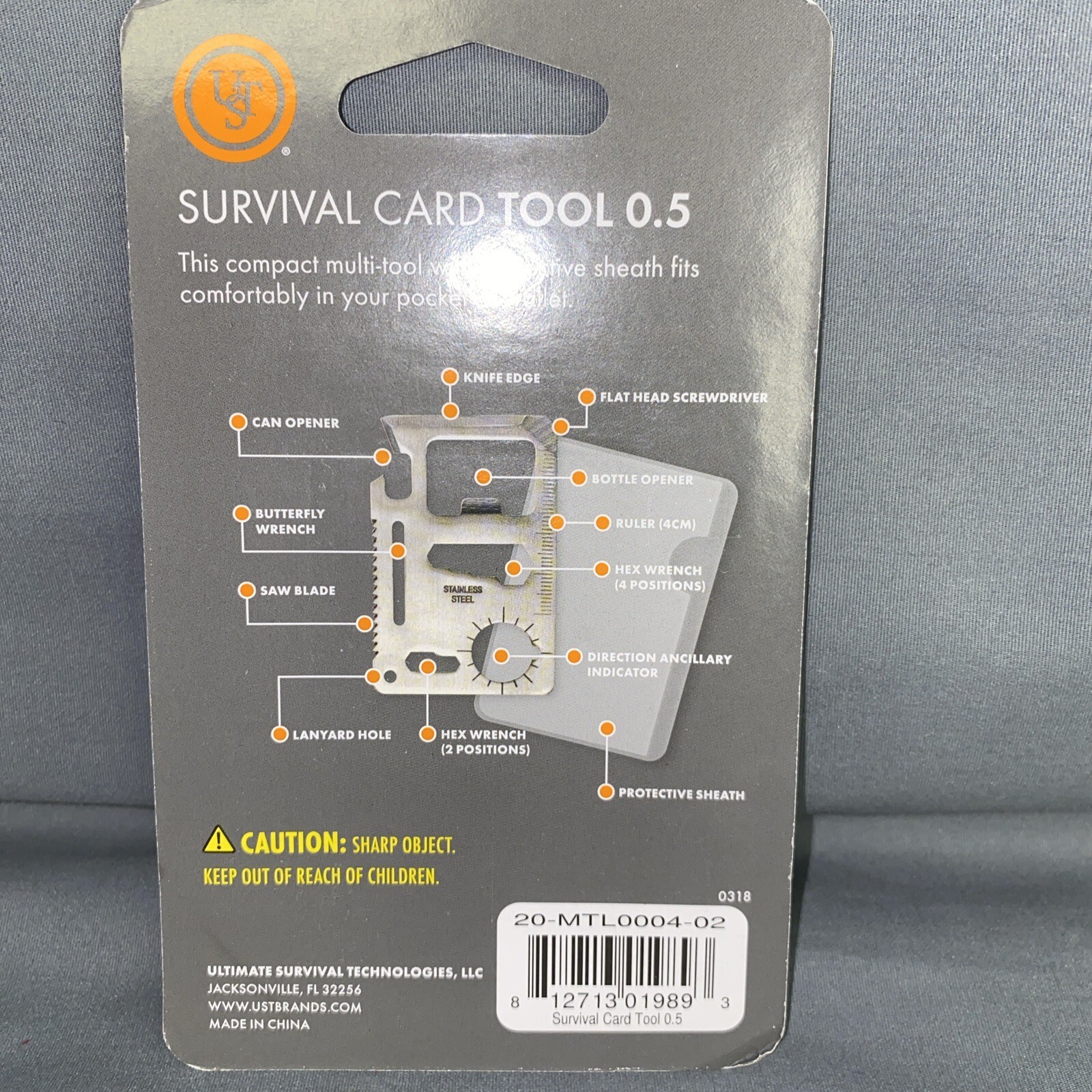 New UST SURVIVAL CARD TOOL 0.5 POCKET Size MULTI-TOOL w/ Sheath Stainless Steel