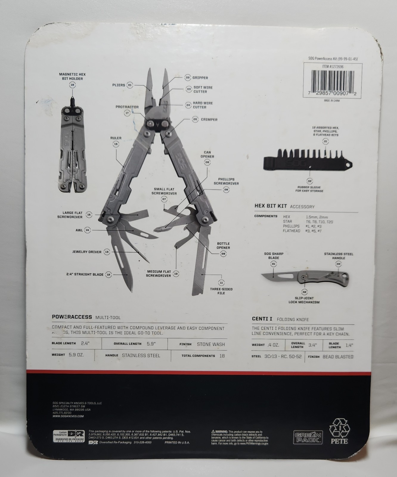 SOG 18 PowerAccess Multi-Tool Bonus Kit with 13 Hex Bit Sheath and Centi I Knife