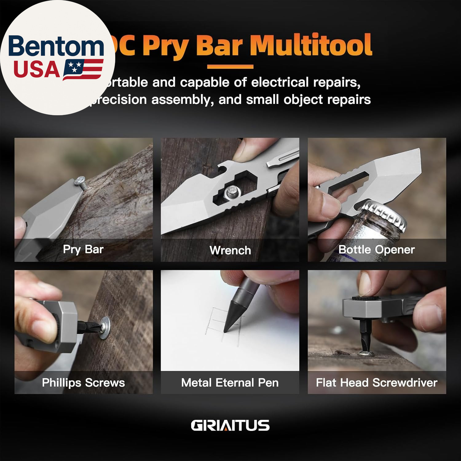 EDC Pry Bar Multitool with Bi-Directional Ratchet Screwdriver & Everlasting Pen,