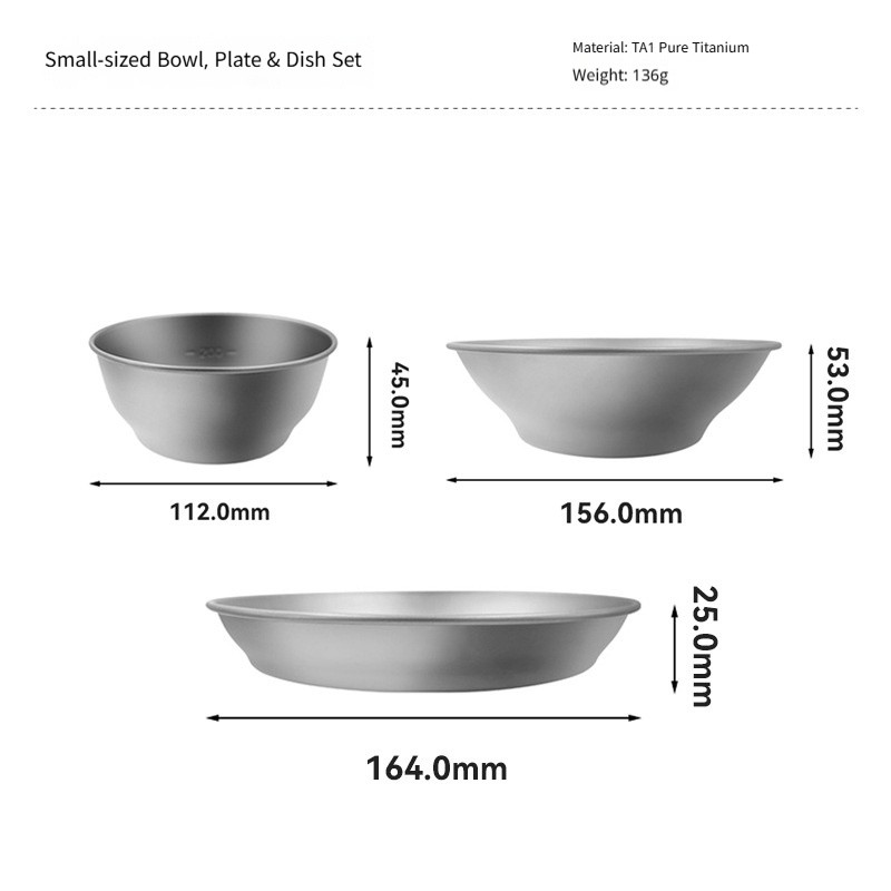 Pure titanium bowl and plate set, portable, food grade, durable, outdoor camping