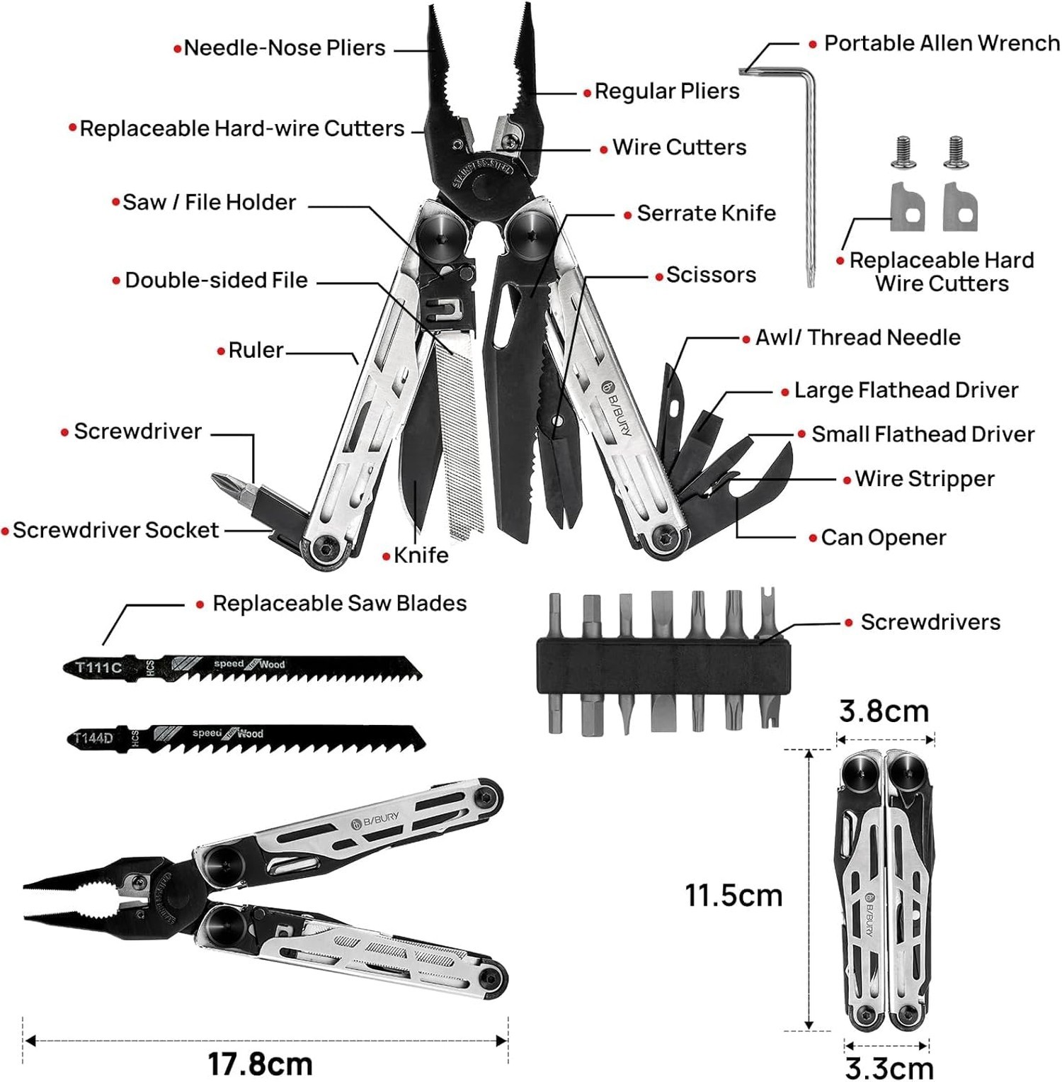 BIBURY Multitool Pliers, Stainless Steel 31-in-1 Multi Tool Pliers with Repla…