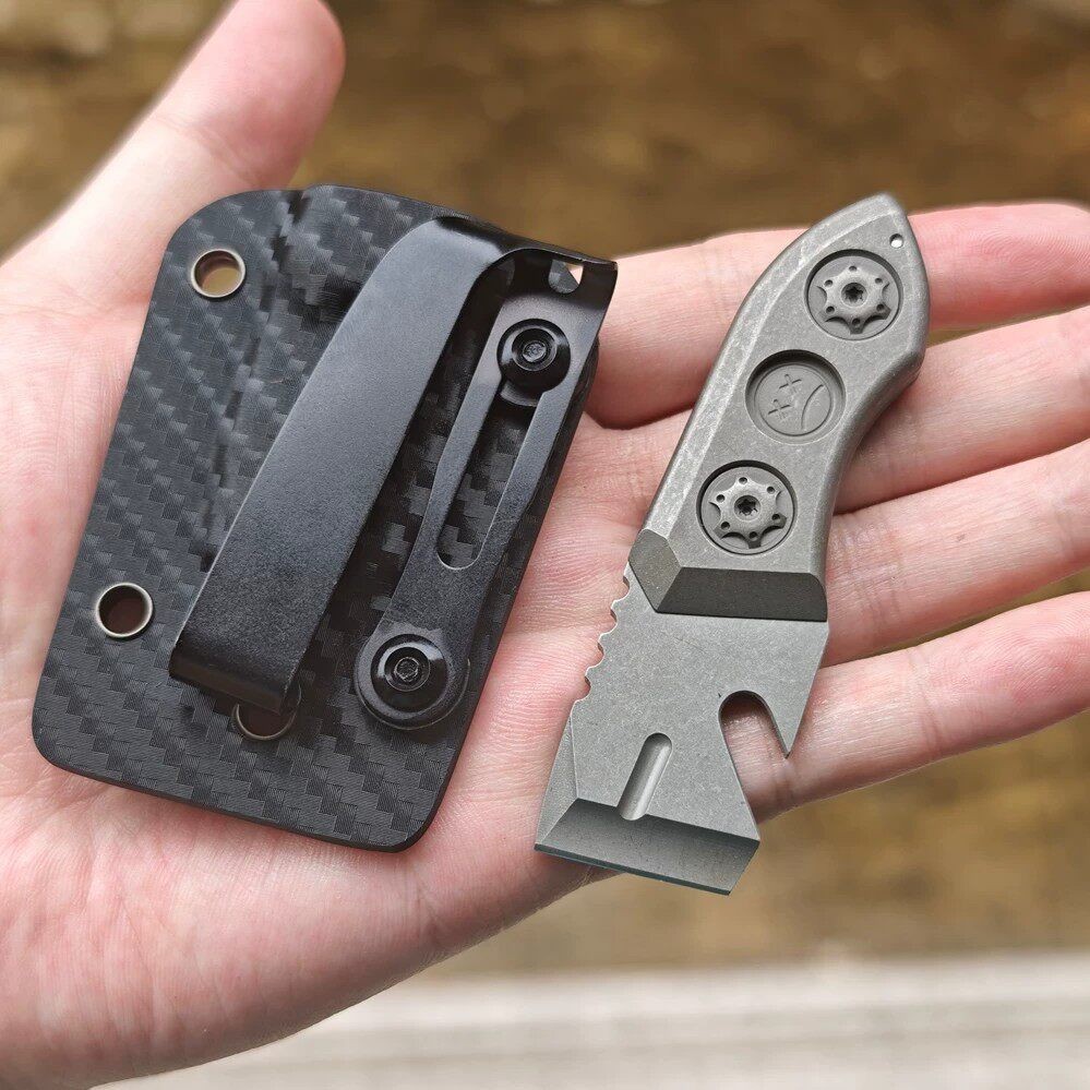 DC53 Steel Titanium Pry Bar Mini Utility Cutter EDC Tool with Kydex Sheath