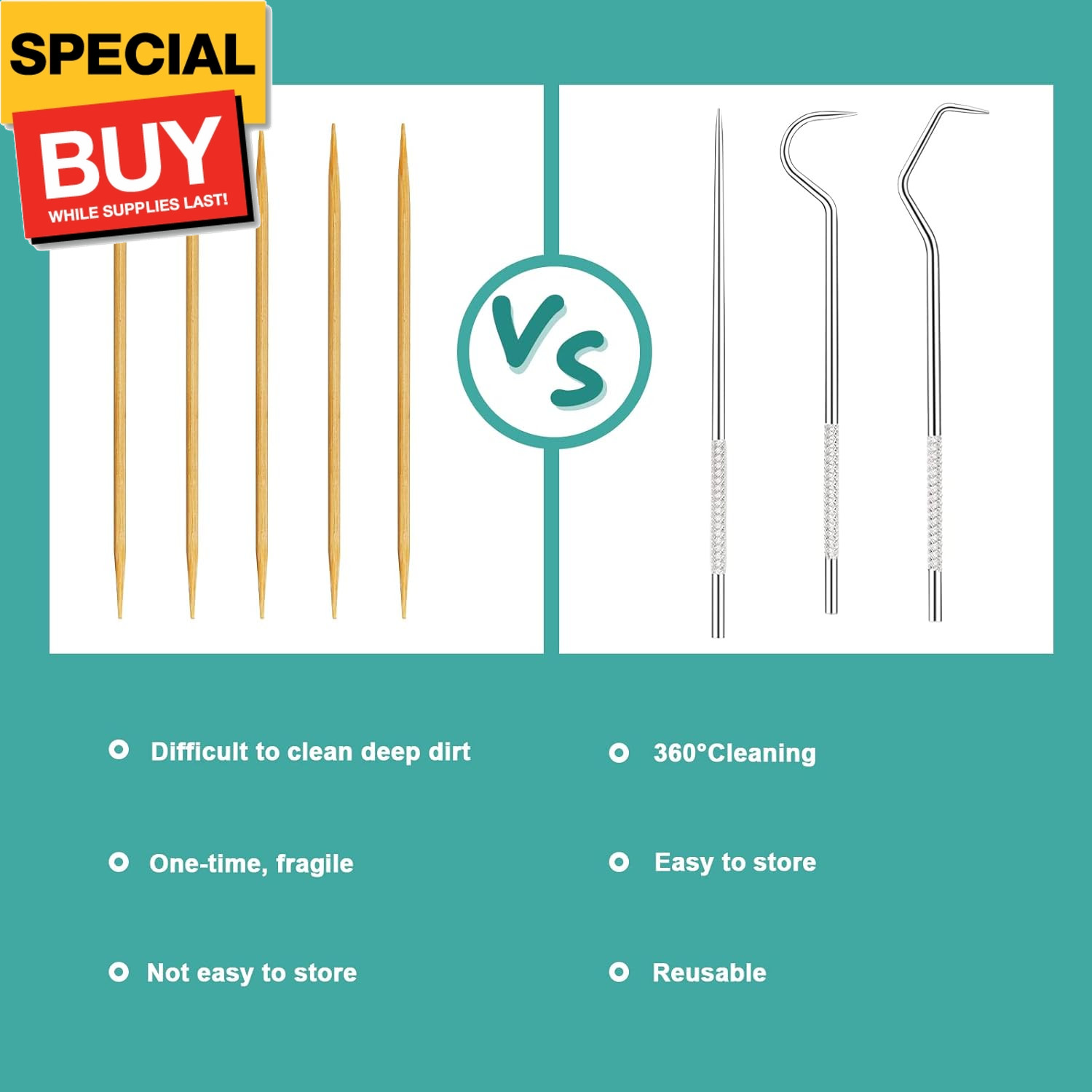 3 Pieces 2 Set Metal Toothpicks Kit, Reusable Toothpick Holder Portable Stainles