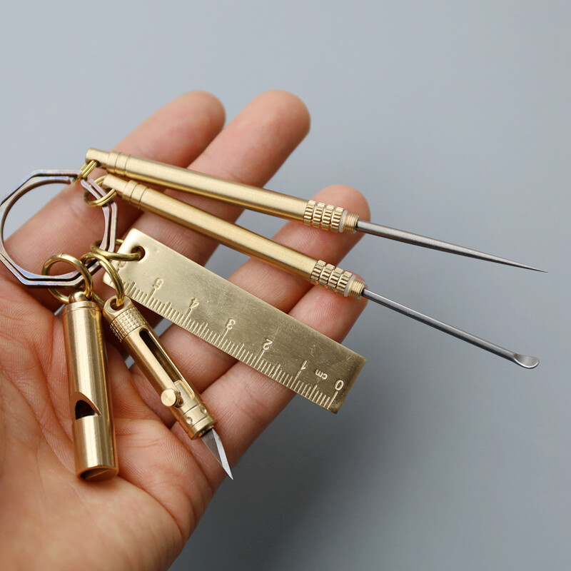 New Brass Outdoor Titanium Alloy Multi Pendant Mini Tool Whistle Ear Spoon Ruler