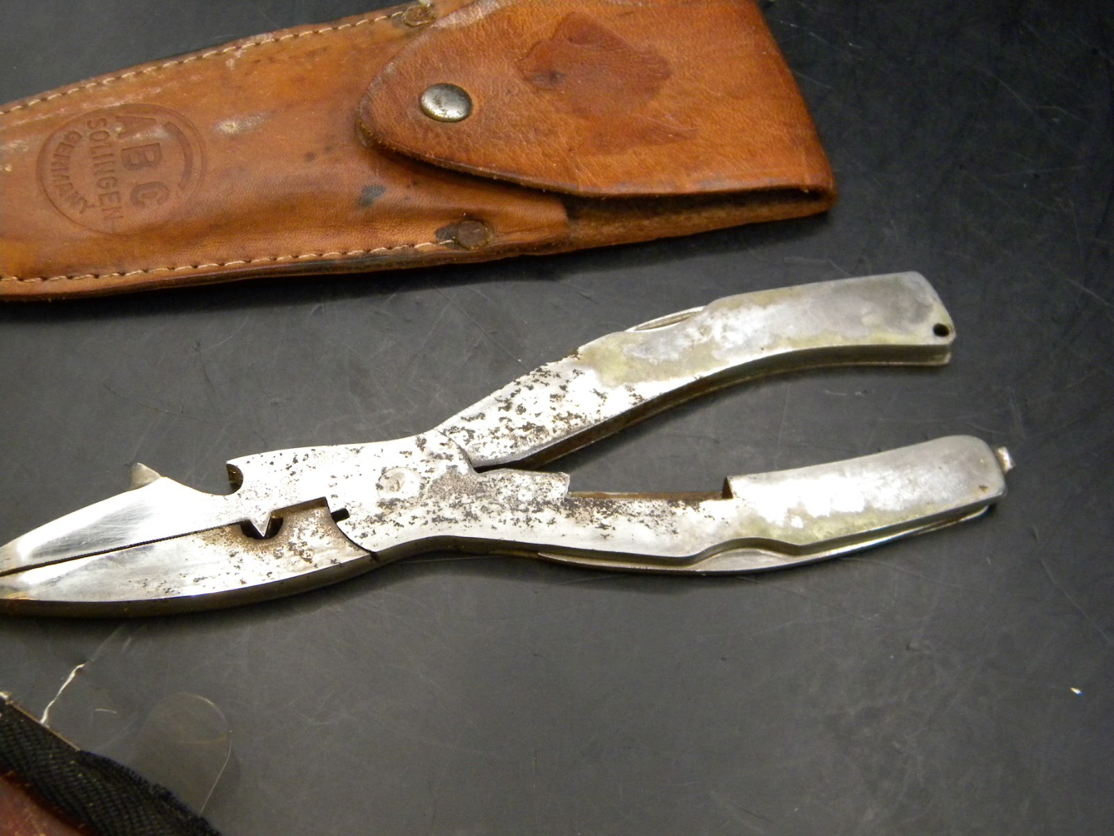 Vtg ABC Solingen Germany Stainless Steel Fishing Multi tool w/ Original Sheath
