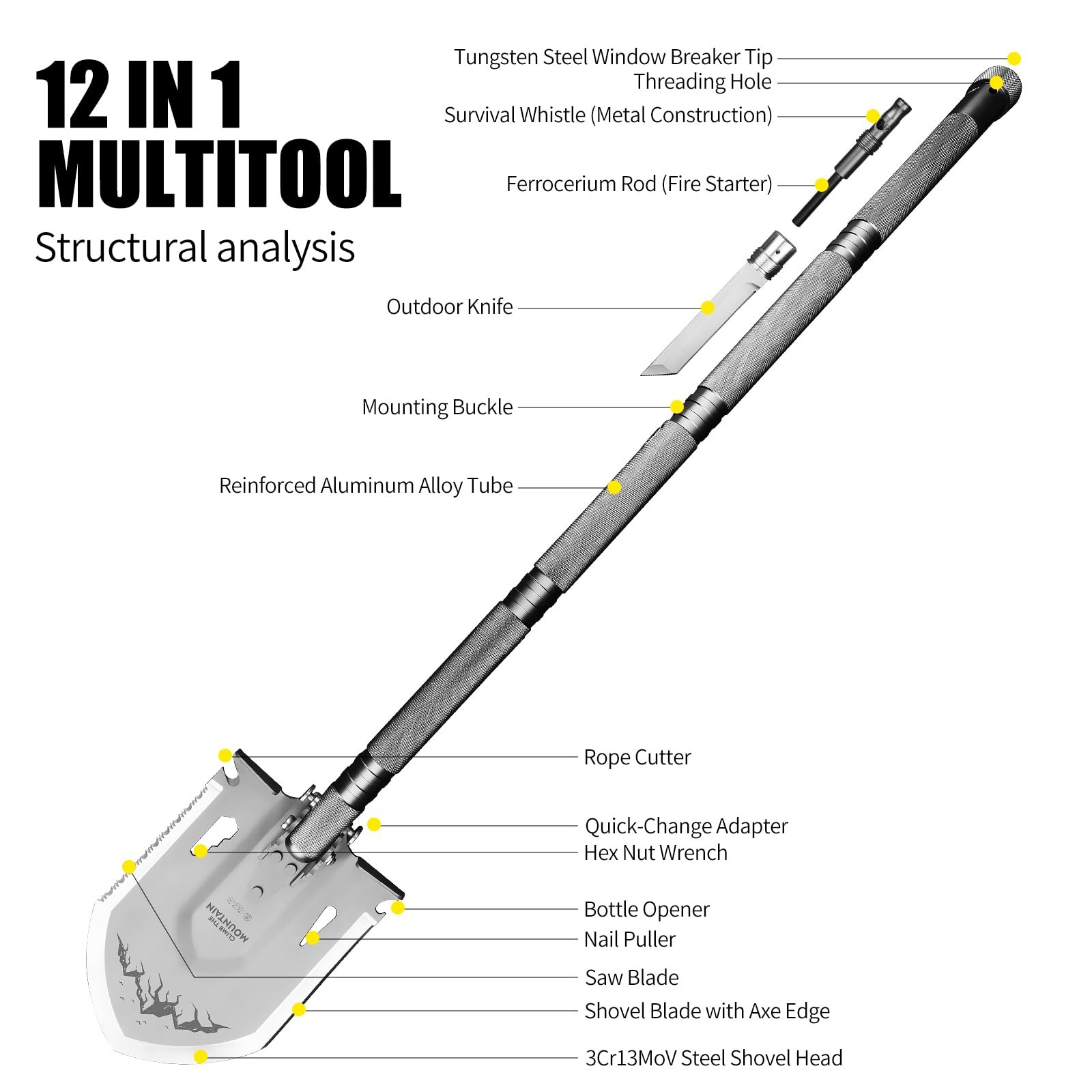 13-in-1 Multitool，Folding Shovel，Heavy Duty 3Cr13Mov Steel Multi-Purpose Camp…
