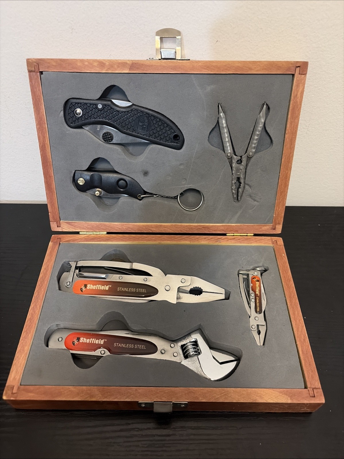Sheffield Stainless Steel Multi Tool Knife Set in Wood Case 6 Piece Gift Set