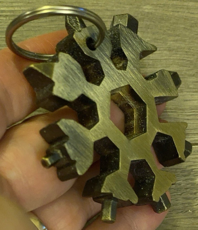 Brass Keychain Multi Tool Snowflake Metal Goldish Color 8 Different Tool Heads