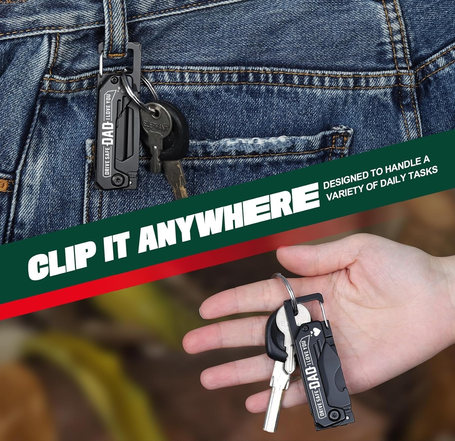 Portable 10-in-1 Keychain Tool, Gifting Options says (Drive Safe DAD-I Love You)