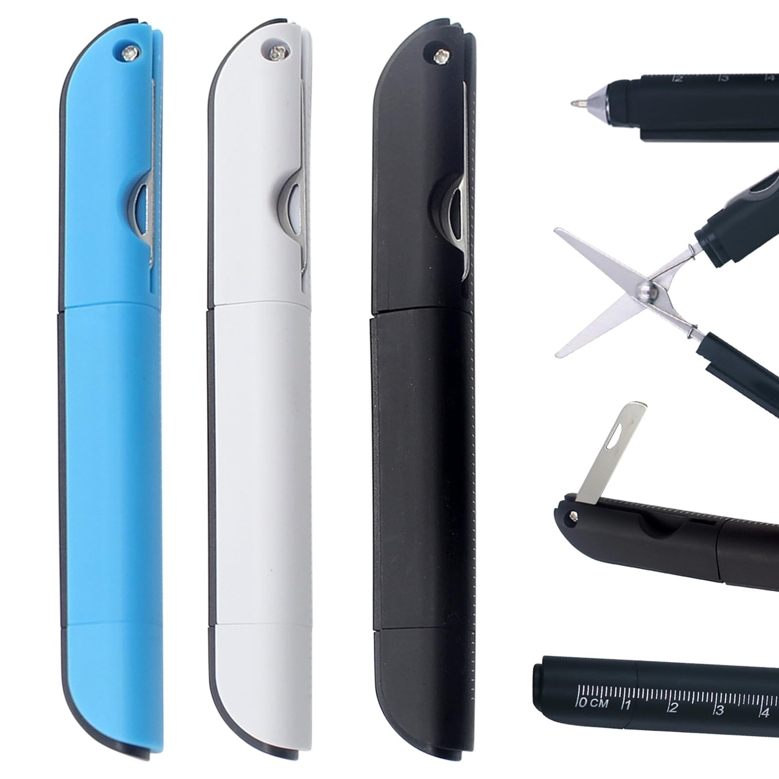 3Pcs Multi-Tool Pen with Scissors, Ruler, and Art Knife – Portable 4 in 1 Utilit