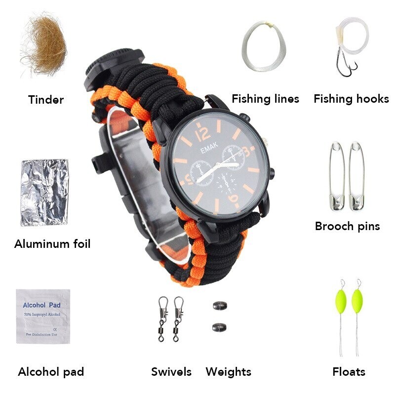 Emergency Survival Outdoor Watch Analogue Compass Paracord Flint And Steel Kit