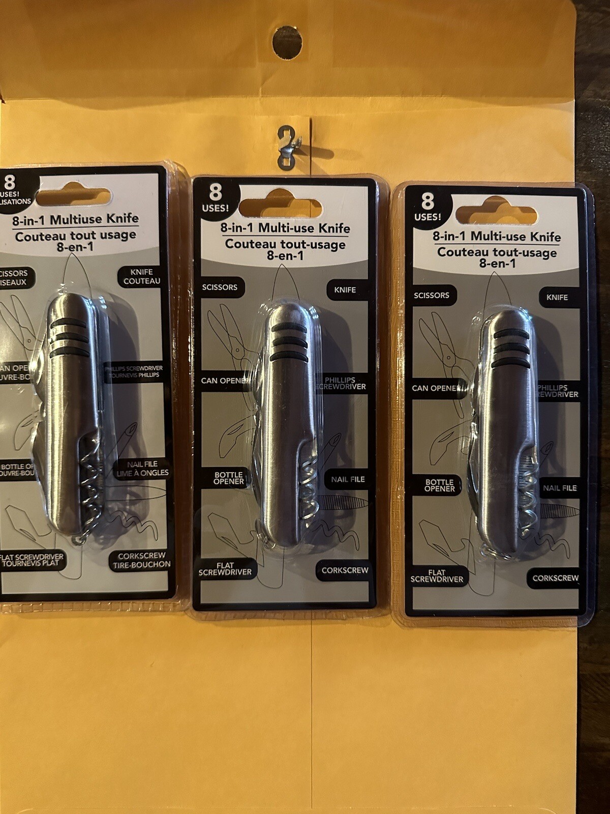 8-IN-1 MULTI USE KNIFE HIKING , CAMPING TOOL BENCH POCKET LOT OF 3 New Sealed