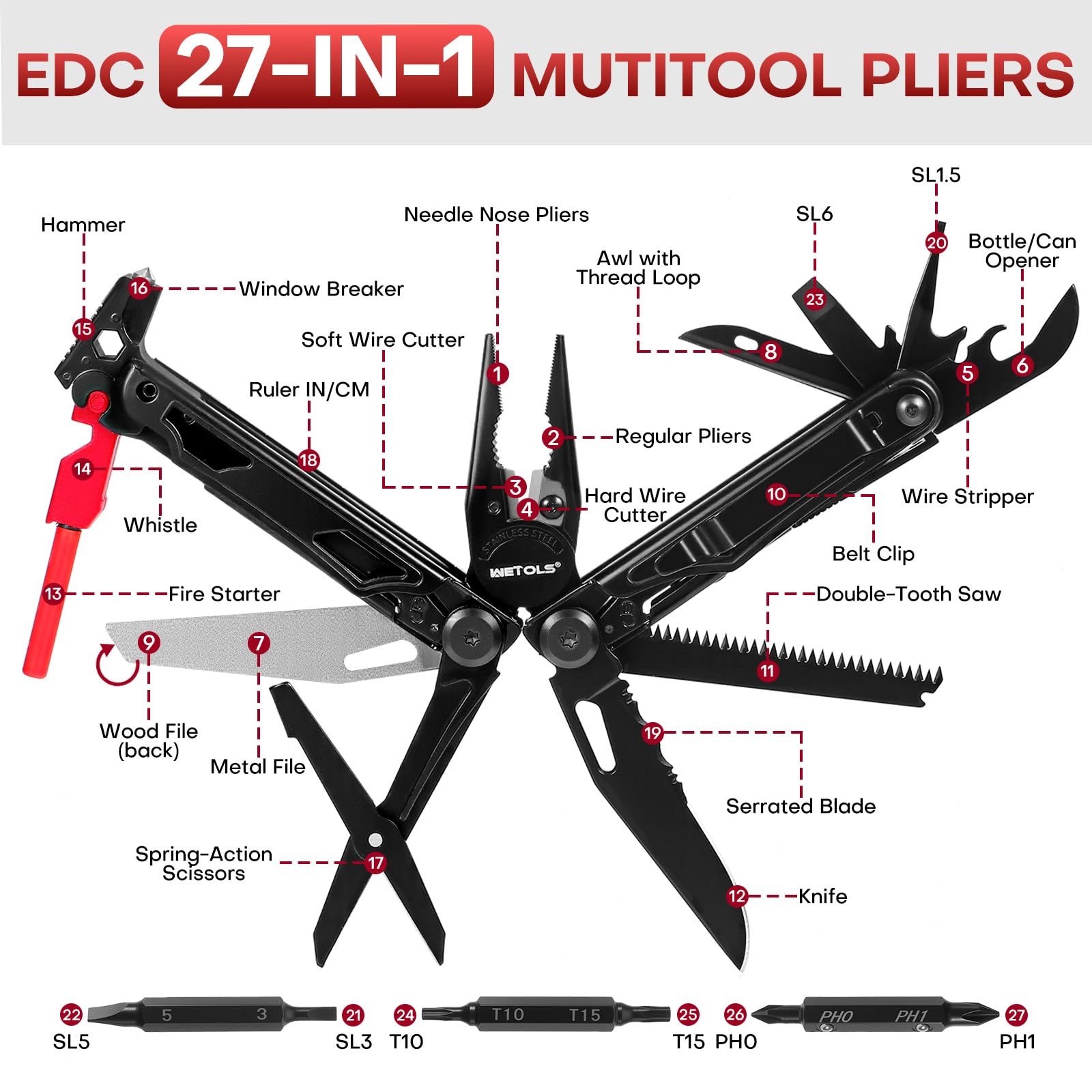 Multitool with Pocket Knife, 27-in-1 Stainless Steel Needle Nose Pliers with …