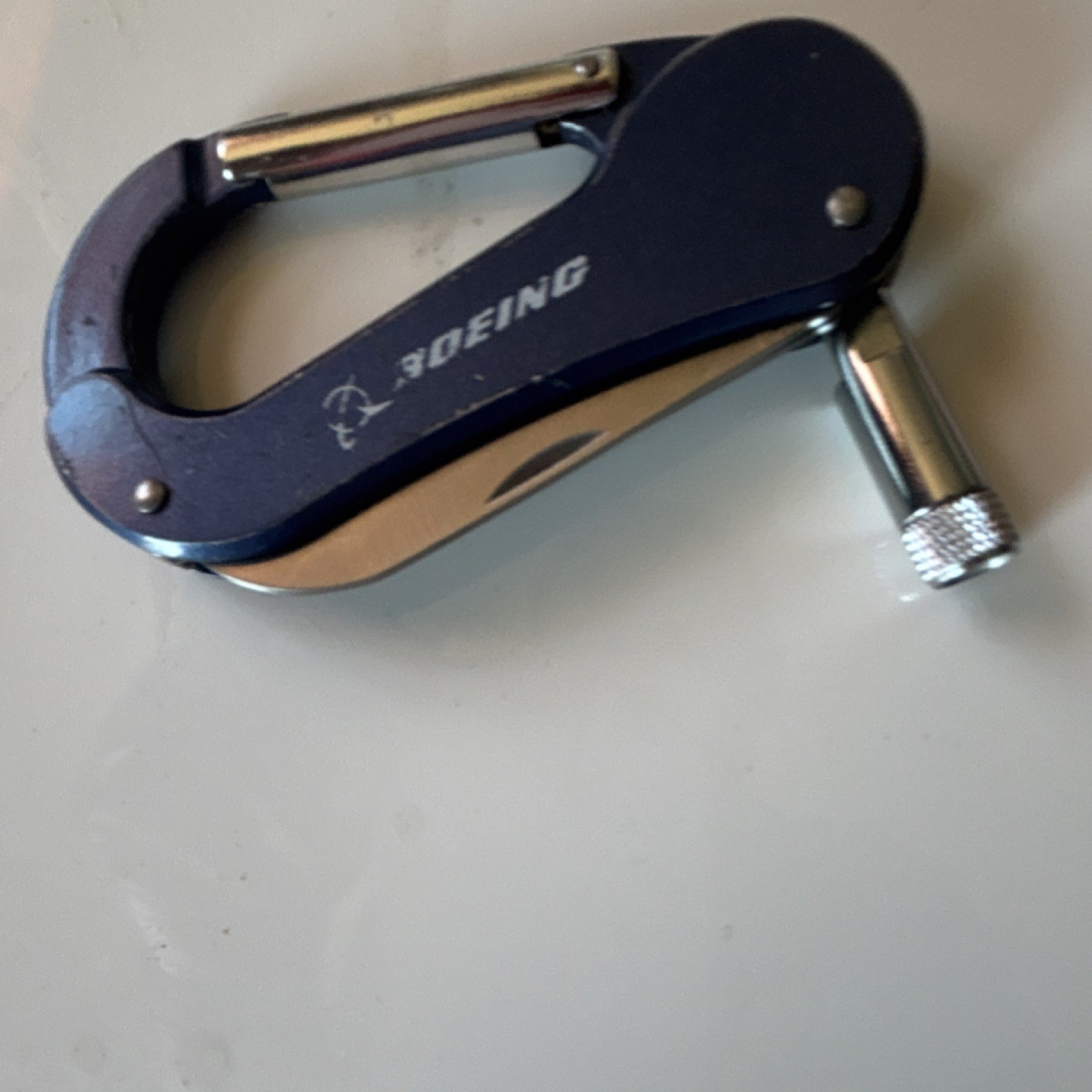 Boeing Carabiner Multi-Tool Knife & Saw, 2in Part Serrated Blue/Silver