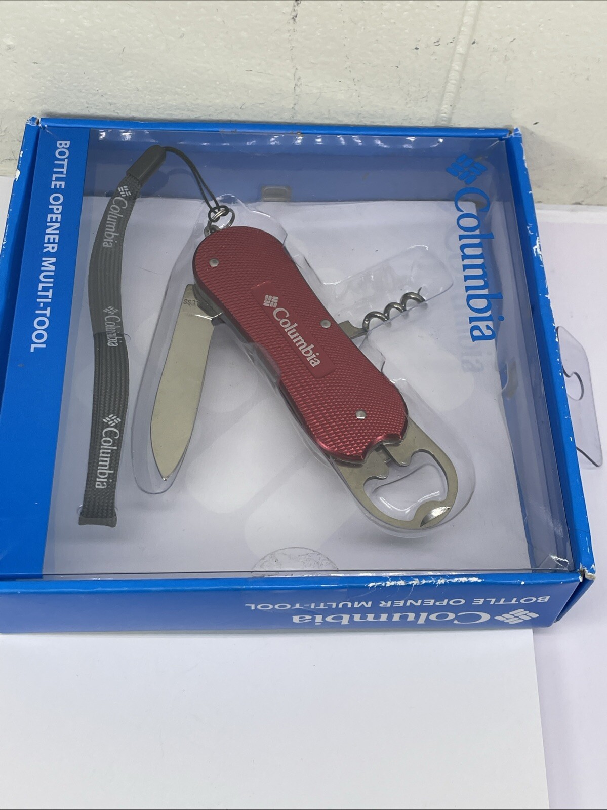 NEW Columbia FIRE RED Bottle Opener Pocket Knife Multi-Tool w/Lanyard In Box